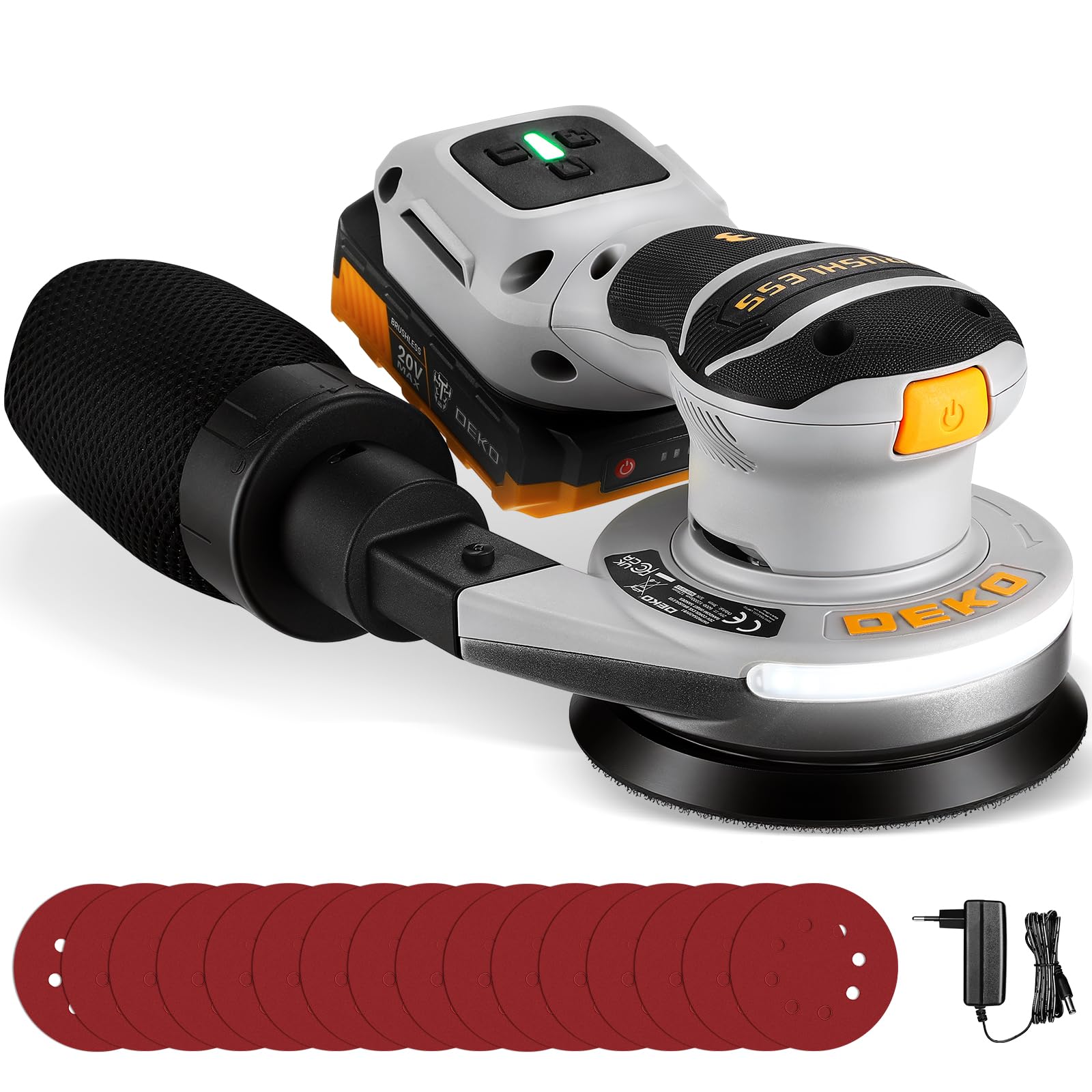 DEKOPRO Lijadora Orbital Inalámbrica sin Escobillas 20V, 12.000 rpm, Incluye 16 piezas de lija 125 mm, con luz de Trabajo LED (Batería de 2,0 Ah incluida), Apta para lijado y carpintería