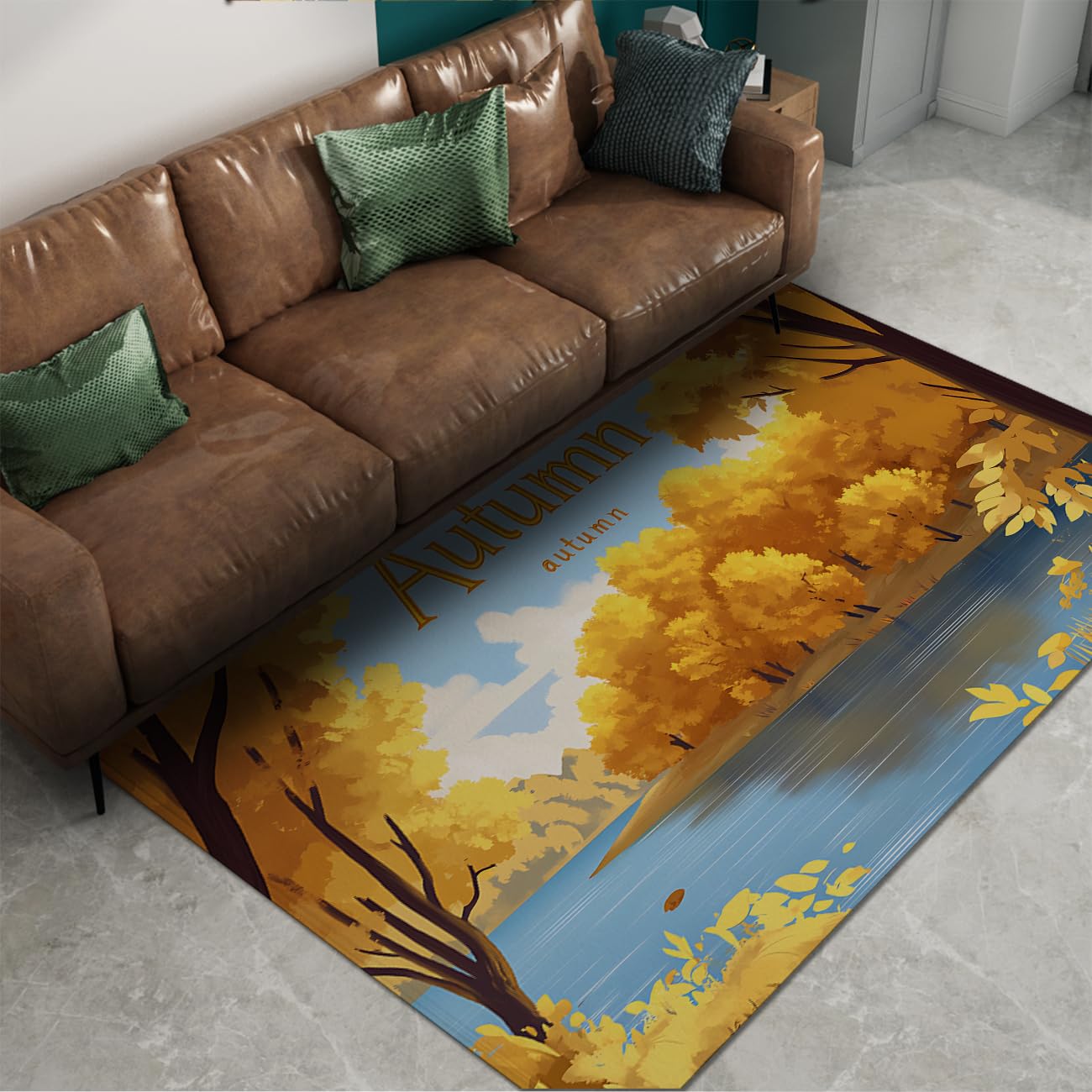 Tapis de salon jaune et bleu au thème d'automne pour une ambiance chaleureuse