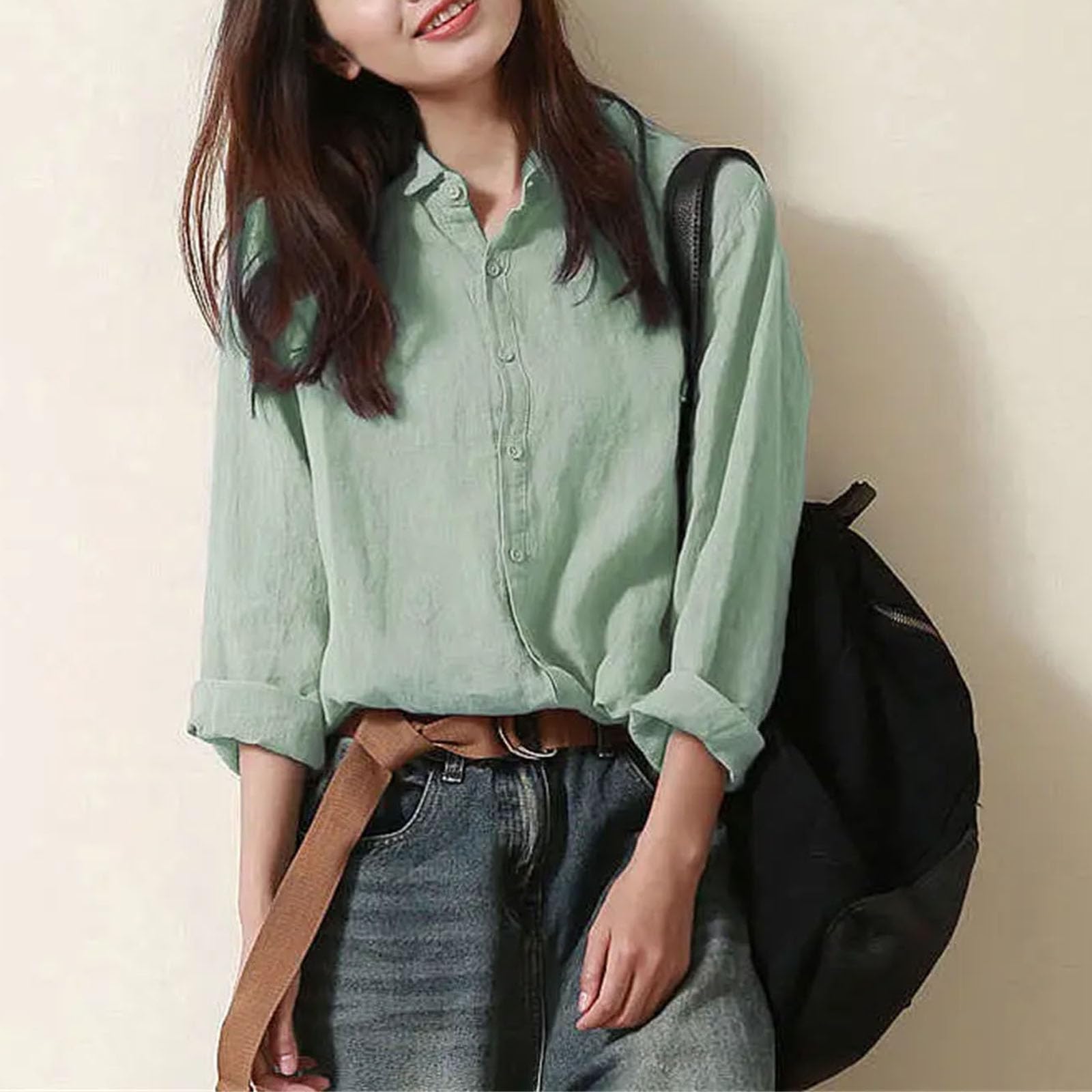 Blusas de manga larga de lino y algodón para mujer, estilo retro, con cuello abatible, informal, de manga larga