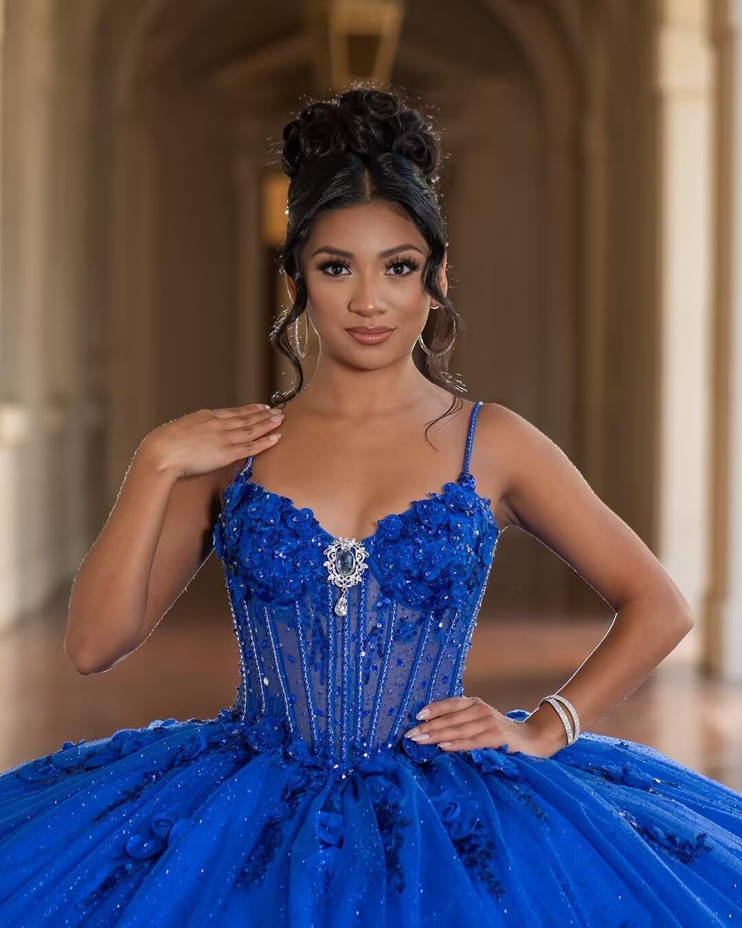 Youjiayi Princess 3D Flowers Quinceanera Dresses with Bow Spaghetti Straps Sequin Ball Gown Puffy Tulle Lace Sweet 16 Dresses