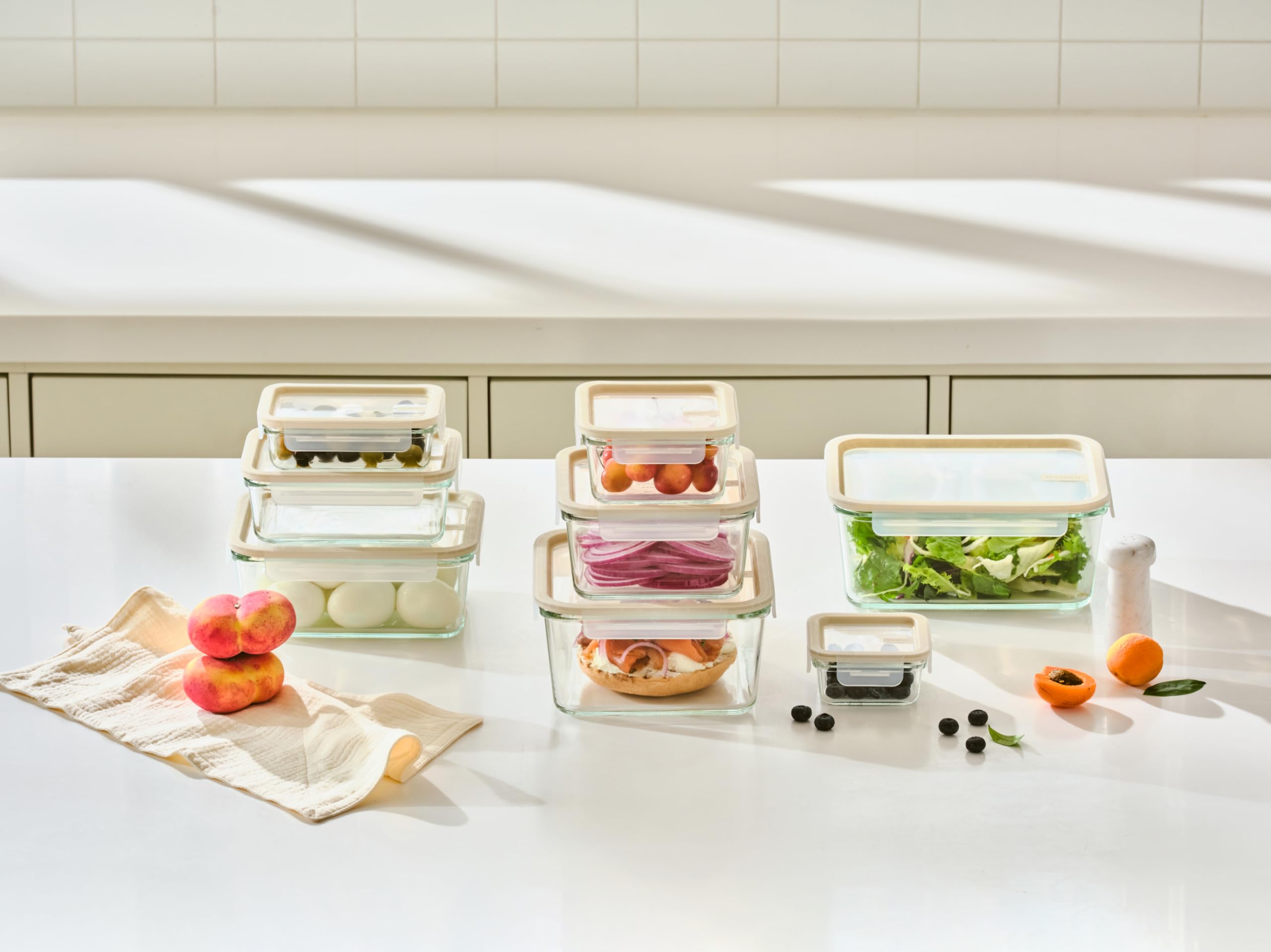 Glasslock Sens Frischhalteset aus Glas, luftdicht und auslaufsicher, 8 verschiedene Größen, rutschfester Deckel, mikrowellen- und ofenfest, perfekt für die Zubereitung von Mahlzeiten, Lunchbox