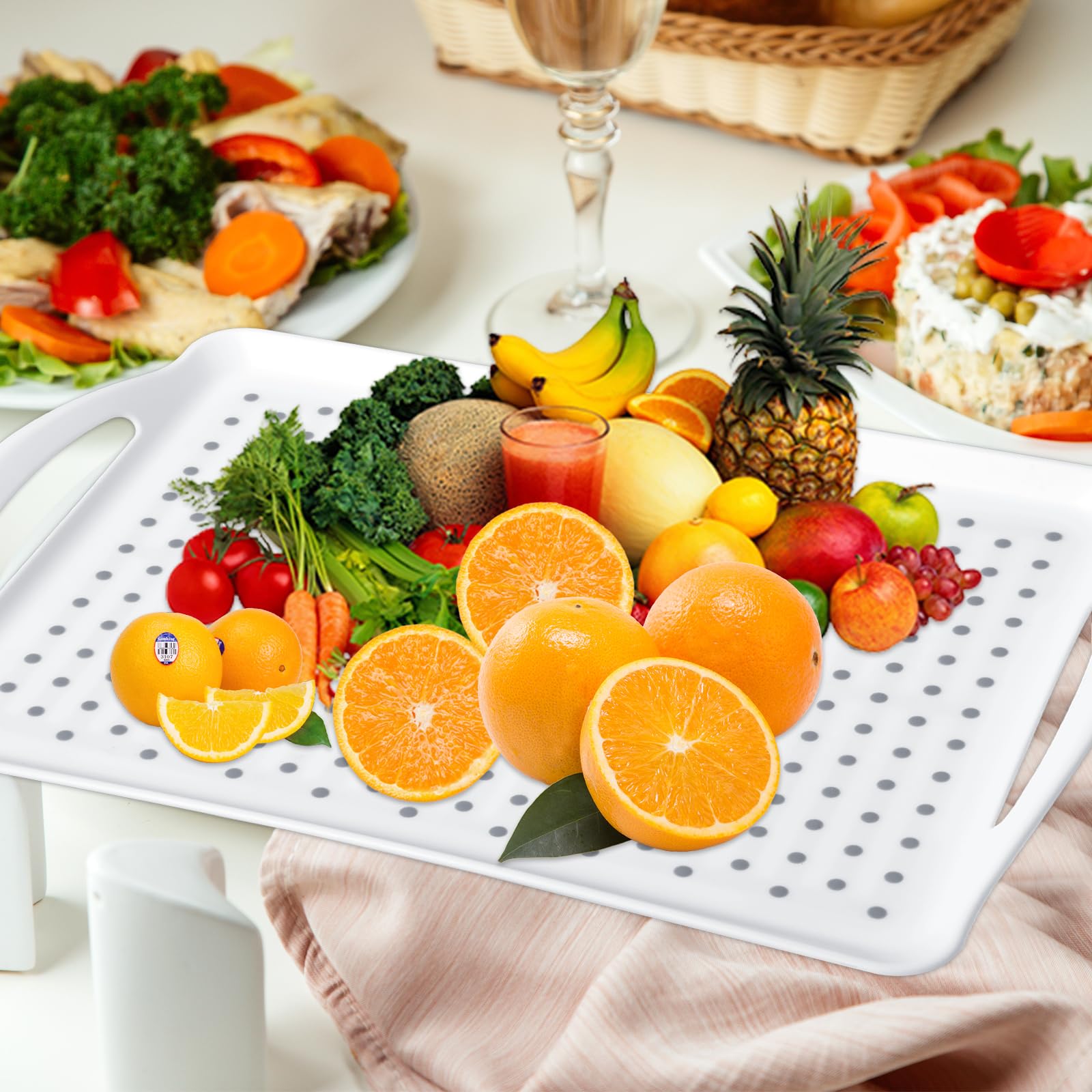 Paquete de 2 bandejas rectangulares grandes antideslizantes para servir, bandeja para servir con asas, bandejas de silicona para comer, bandejas de regazo para cena, aperitivos, frutas, postres,