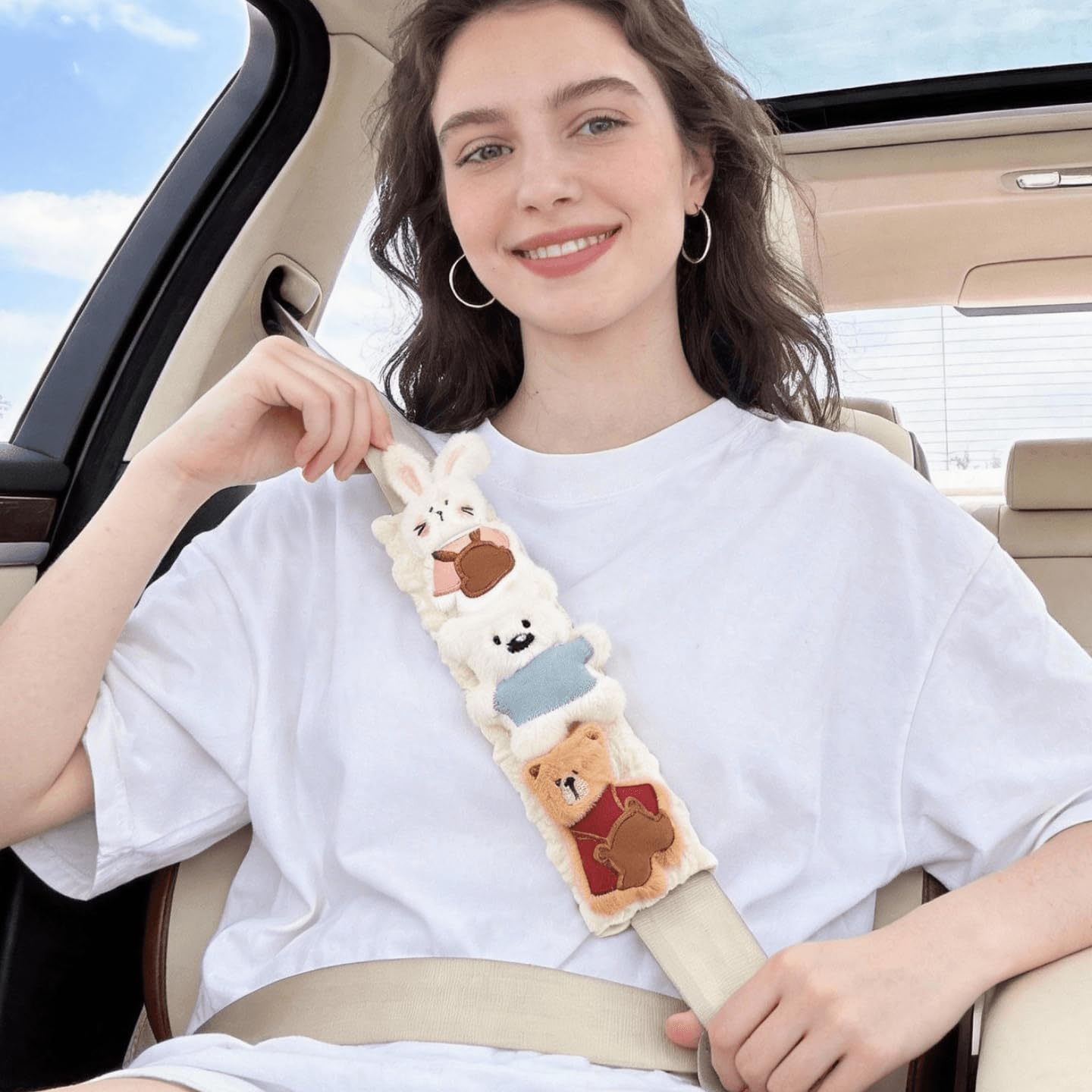 2 PCS Seat Belt Cover Pad, Cute Kawaii Animal Bunny Bear Soft Seatbelt Covers for Kids, Seatbelt Cushion, Car Seat Strap Pads for Summer Spring (White)