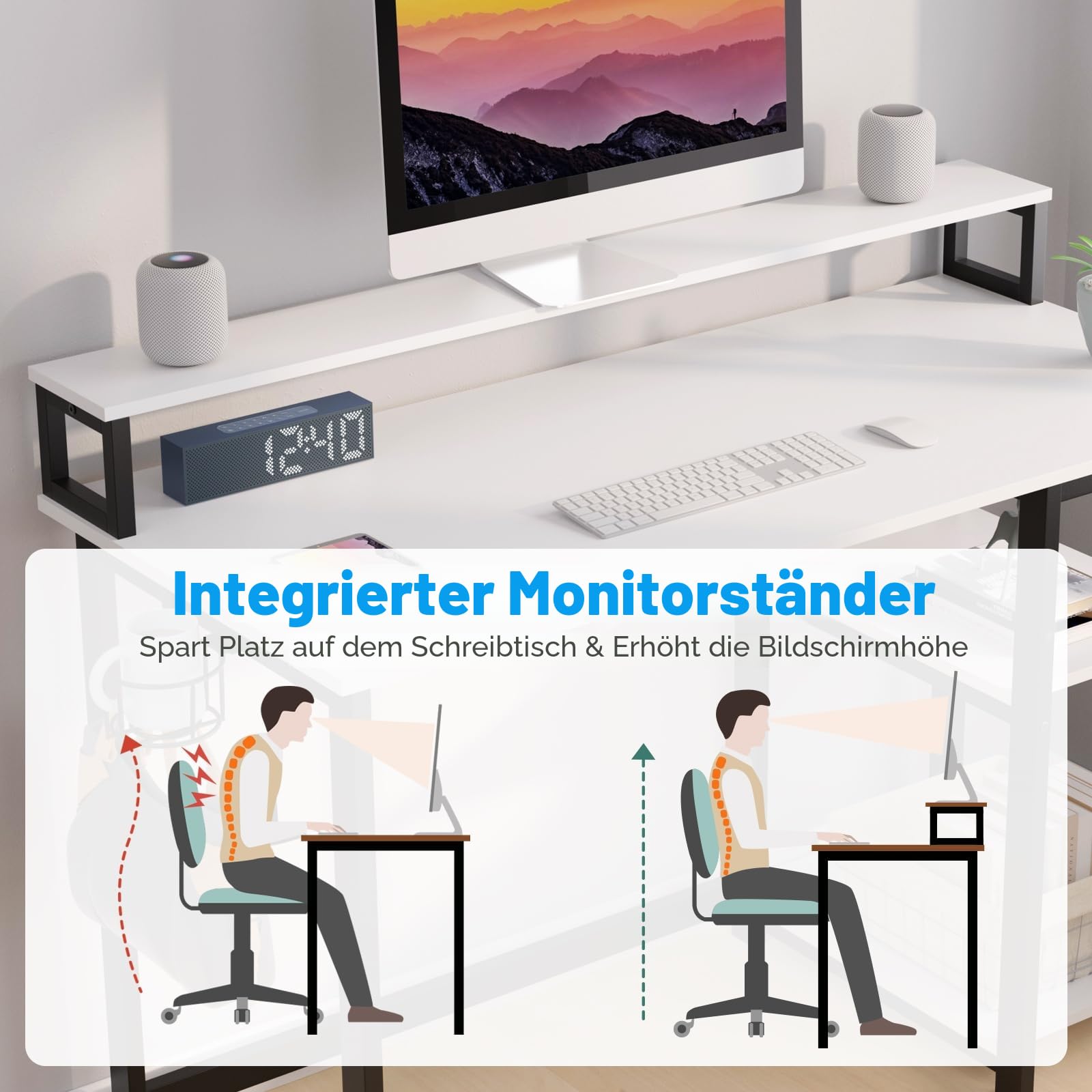 GreenForest 100 x 50 cm Schreibtisch Weiß mit Regal und Monitorständer, Kleiner Sekretär Schreibtisch Weiss, Bürotisch für Home Office, Weiß