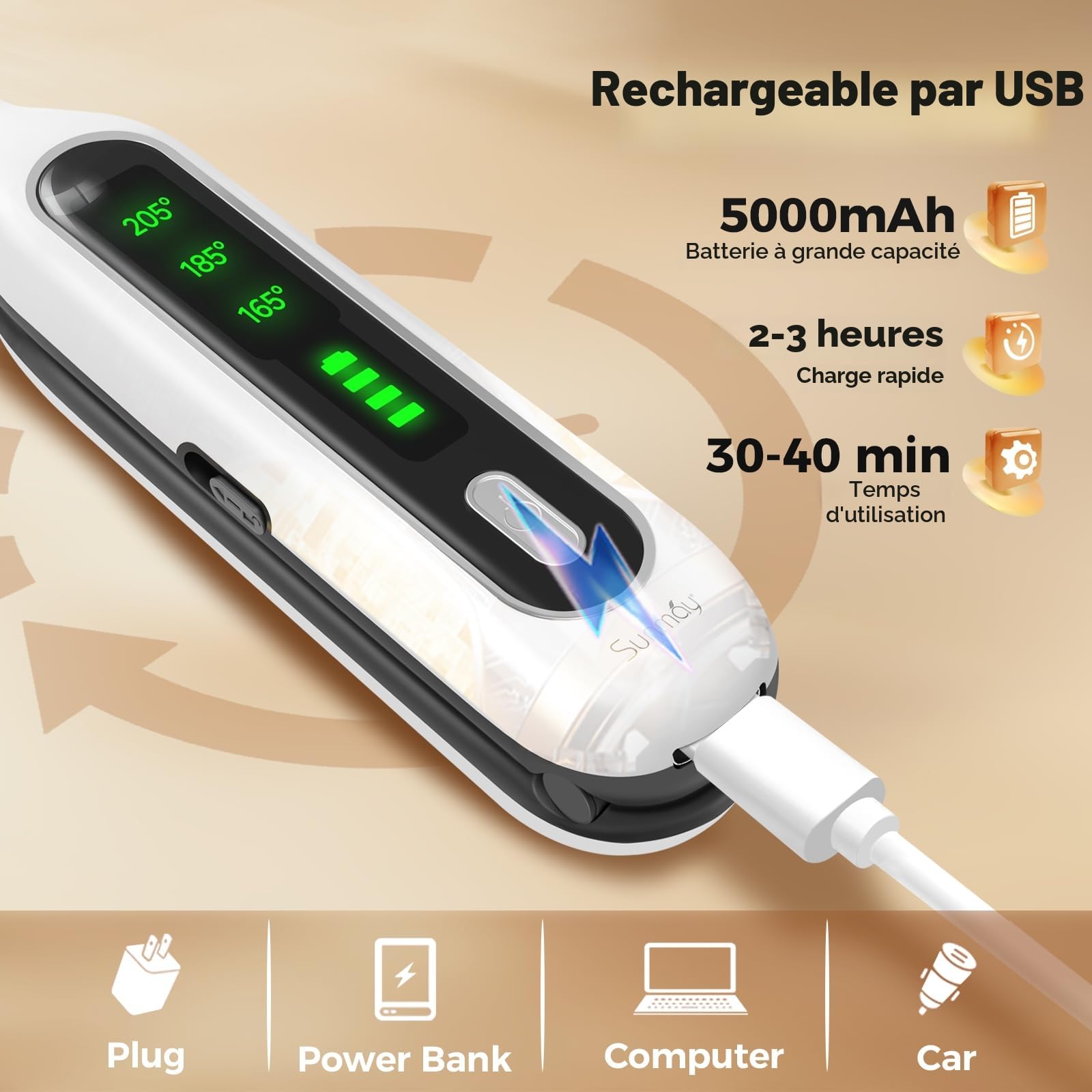 SUNMAY Voga Mini lisseur sans fil pour cheveux courts, petit fer plat 3/10" pour coupe Pixie et barbe, lisseur et bigoudi sans fil portable 2 en 1 pour voyage, batterie 5000 mAh