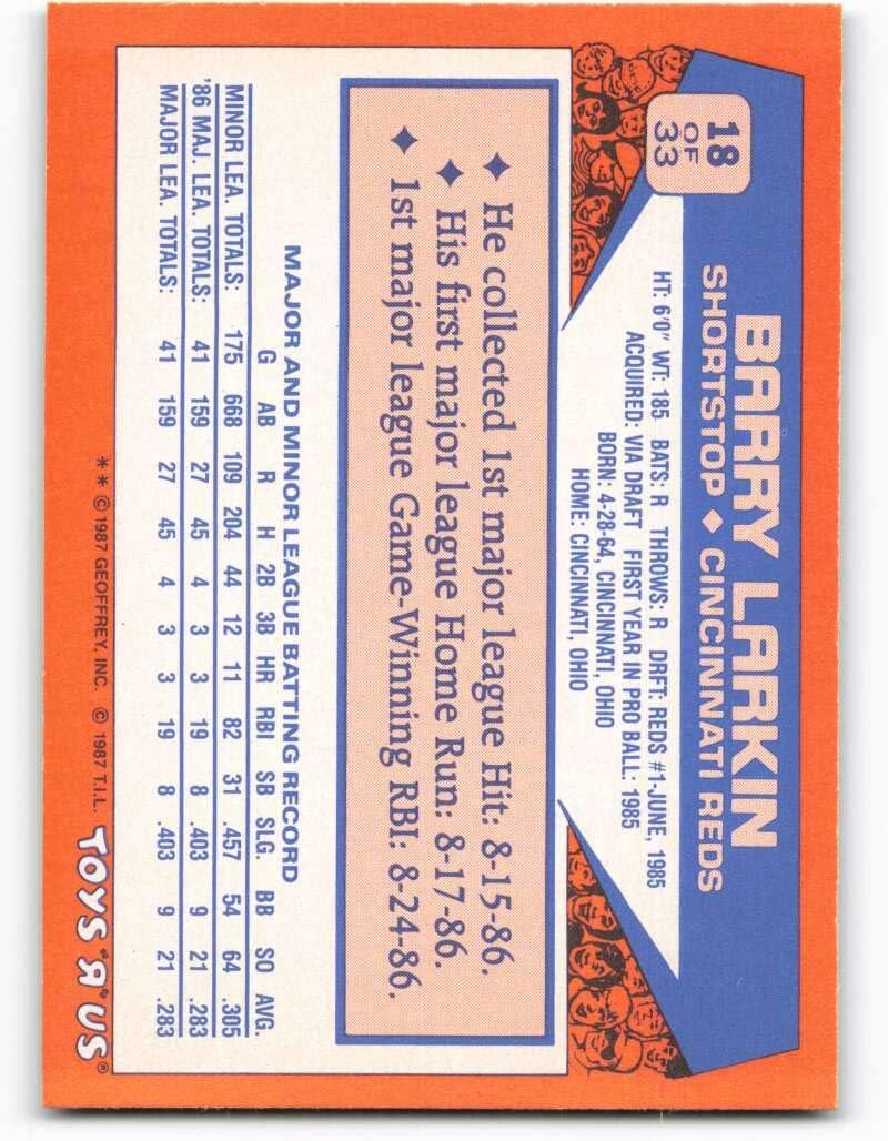 1987 Topps Toys R Us Rookies #18 Barry Larkin Cincinnati Reds Official Baseball Card in Raw (NM or Better) Condition