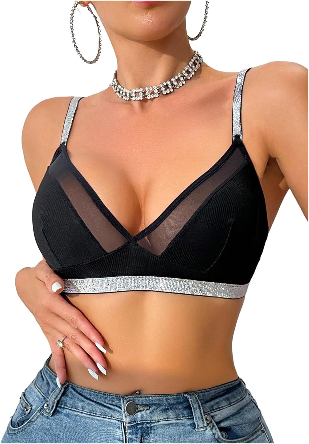 SOLY HUX Women's Sparkly Mesh Sheer Bralette Deep V Neck Sheer Wireless Bra