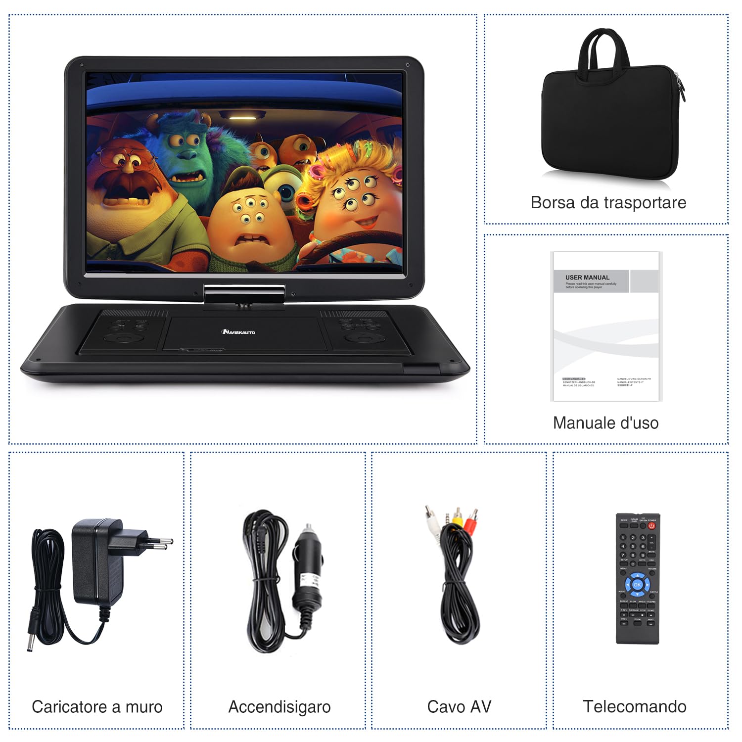 NAVISKAUTO 17,5" Lettore DVD Portatile Grande Schermo da 16 Pollici, Supporta HDMI, Autonomia da 6 Ore, USB/TF/AV IN/OUT/Regione Libera,18 Mesi di Garanzia