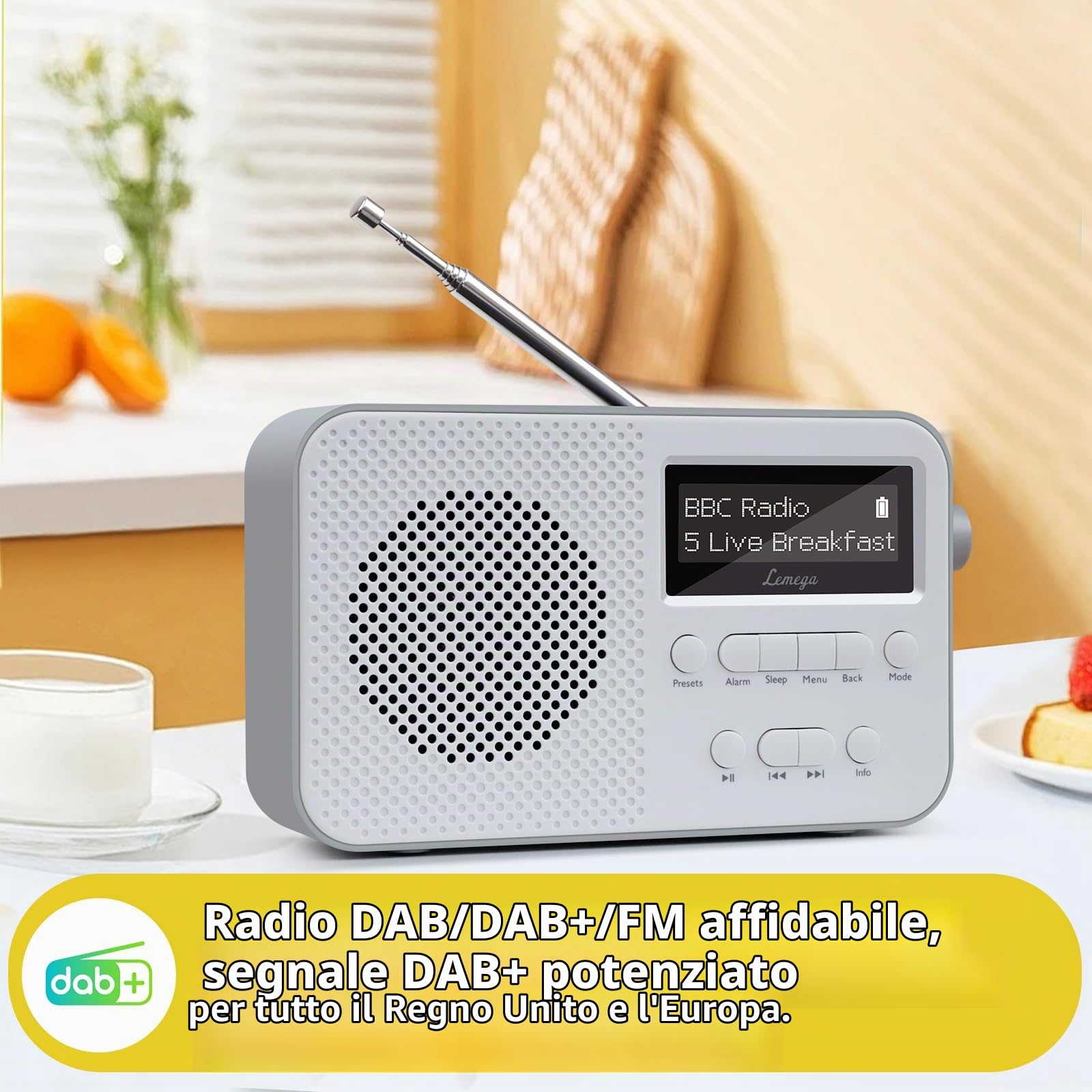 Radio DAB con Bluetooth,Radio Digitali Alimentazione a Corrente e Batteria,Batteria Ricaricabile 15 ore di Riproduzione,Doppia Sveglia,FM,40 Stazioni Preimpostate,Bluetooth 5.3,LEMEGA PR2-Max Grigio