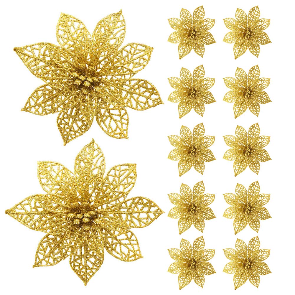 Gl-Turelifes Gold 12 Pack Glitter Artificial Poinsettia Flowers Christmas Tree Ornaments 5.9''(15Cm) Poinsettia Flower Heads(Gold)