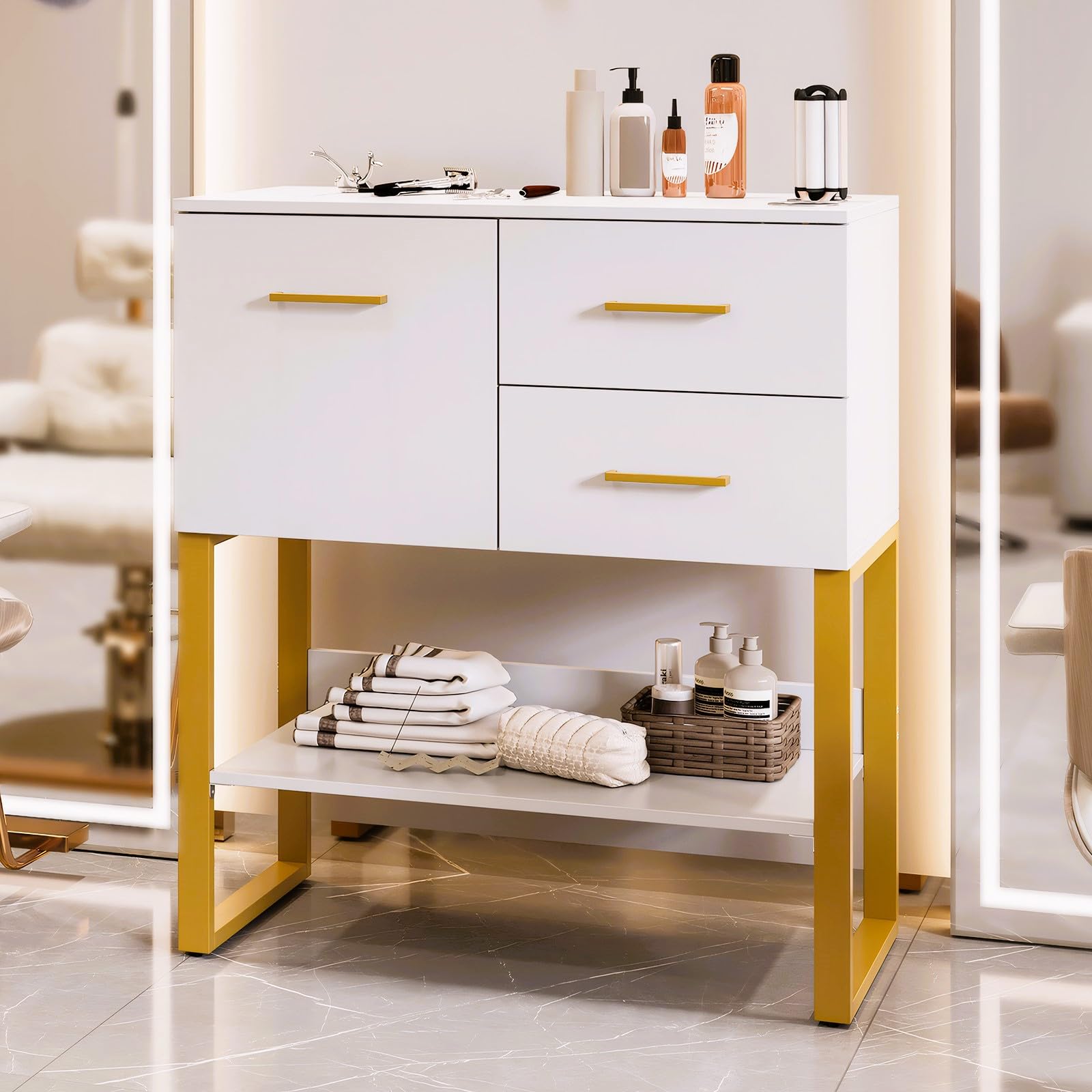 OmySalon Professional Barber Station, Salon Stations for Hair Stylist, Storage Cabinet with 3 Hair Dryer Holders, 2 Drawers, Hairdressing Organizer