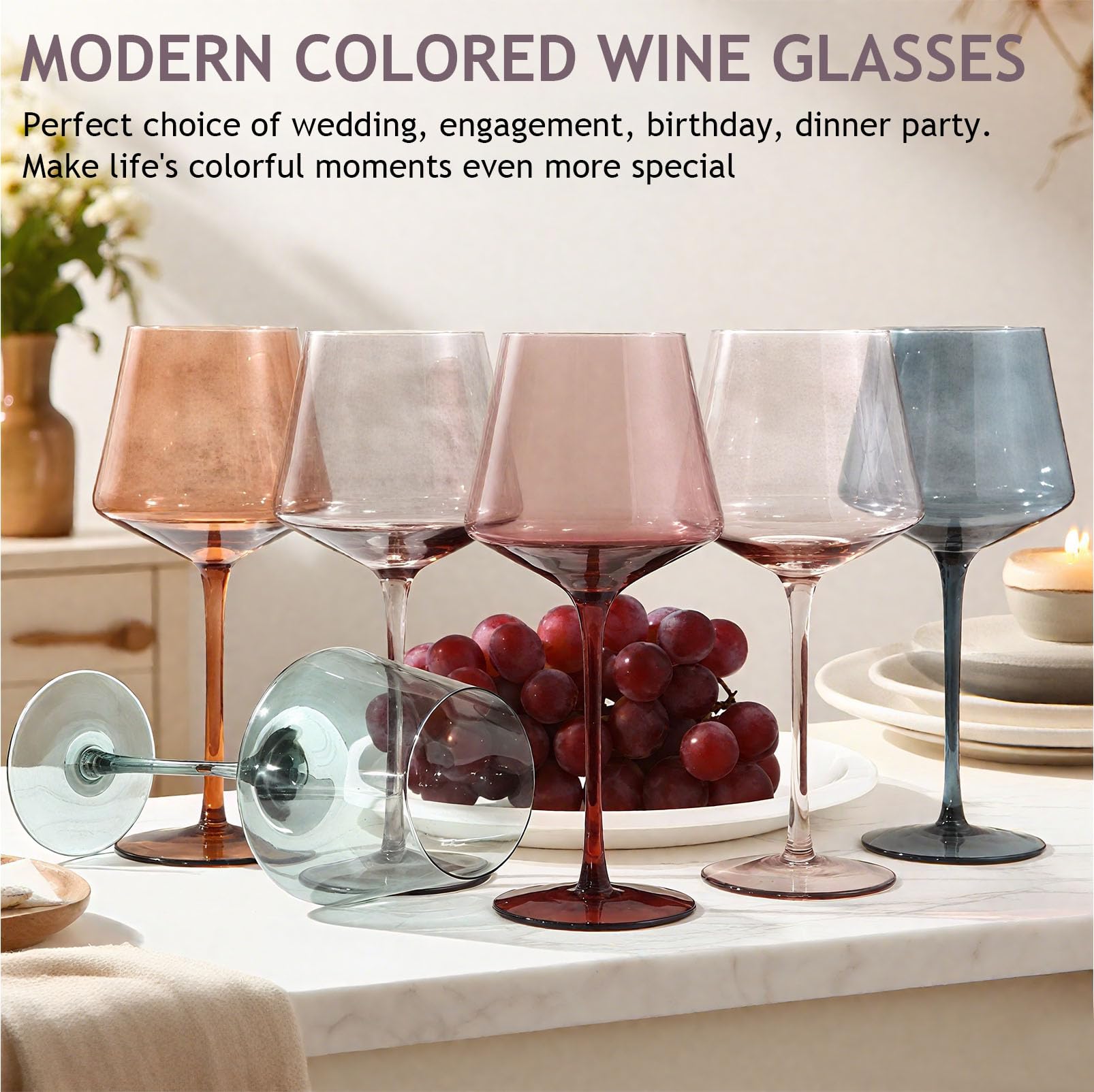 Farbige Weingläser, groß, 473 ml, mundgeblasenes Kristallweinglas, bunte Weingläser, rot und weiß, modern und elegant für Freunde, Familie, Hochzeit, Jahrestag, Weihnachten, Geburtstag, 6 Stück