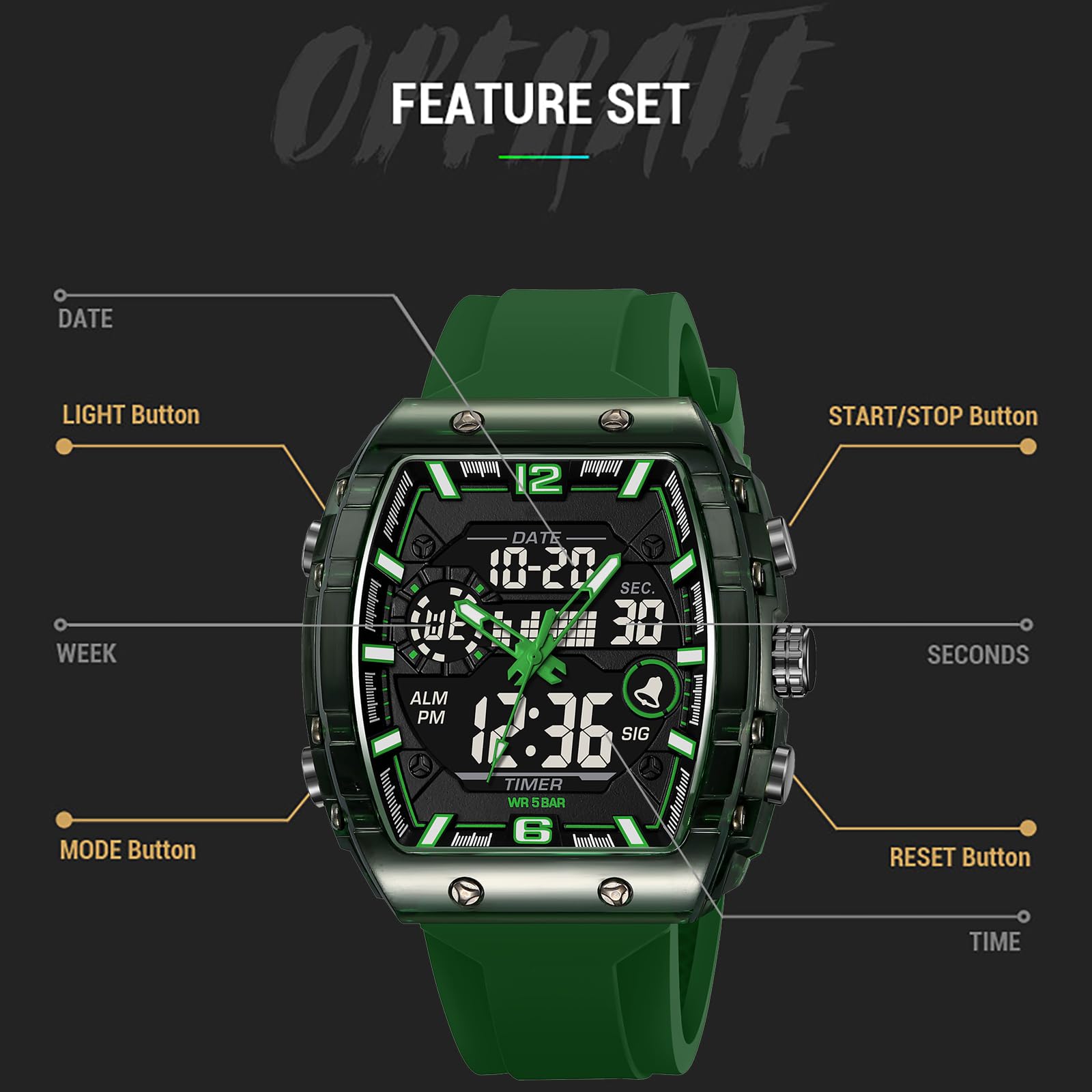 Tonneau - Reloj de pulsera para hombre, diseño elegante, con alarma, LED, hora dual, calendario de 12/24 horas, colorido