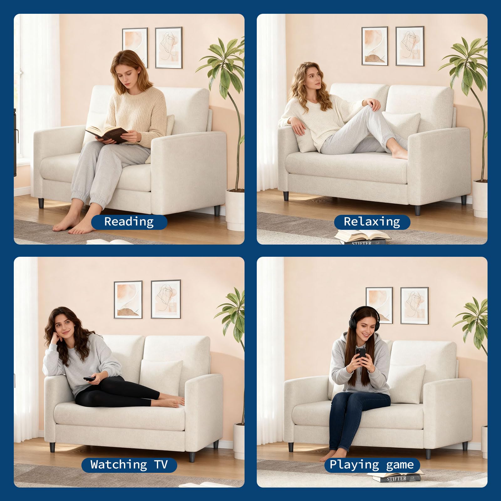 Garvee Mid-Century 2-Sitzer Sofa 132 cm – Kompaktes Loveseat mit Massivholzrahmen, Polstersofa mit Leinenbezug, werkzeuglose Montage, Moderne Couch für Wohnzimmer & Schlafzimmer