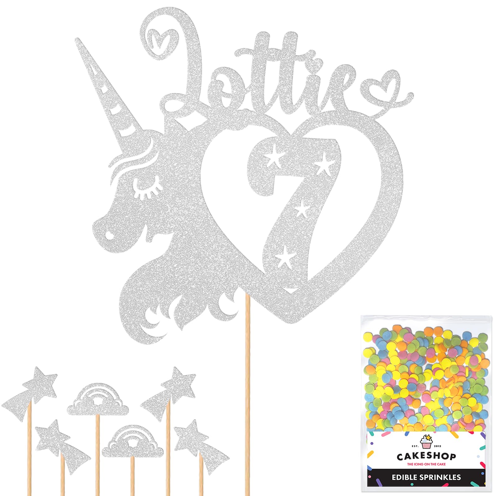 Personalised Unicorn Heart Glitter Cake Topper- Light Silver Any Custom Age & Name Glitter Cake Decoration and Sprinkles - Happy Birthday Decorations - Personalised Toppers for Cakes by Cakeshop