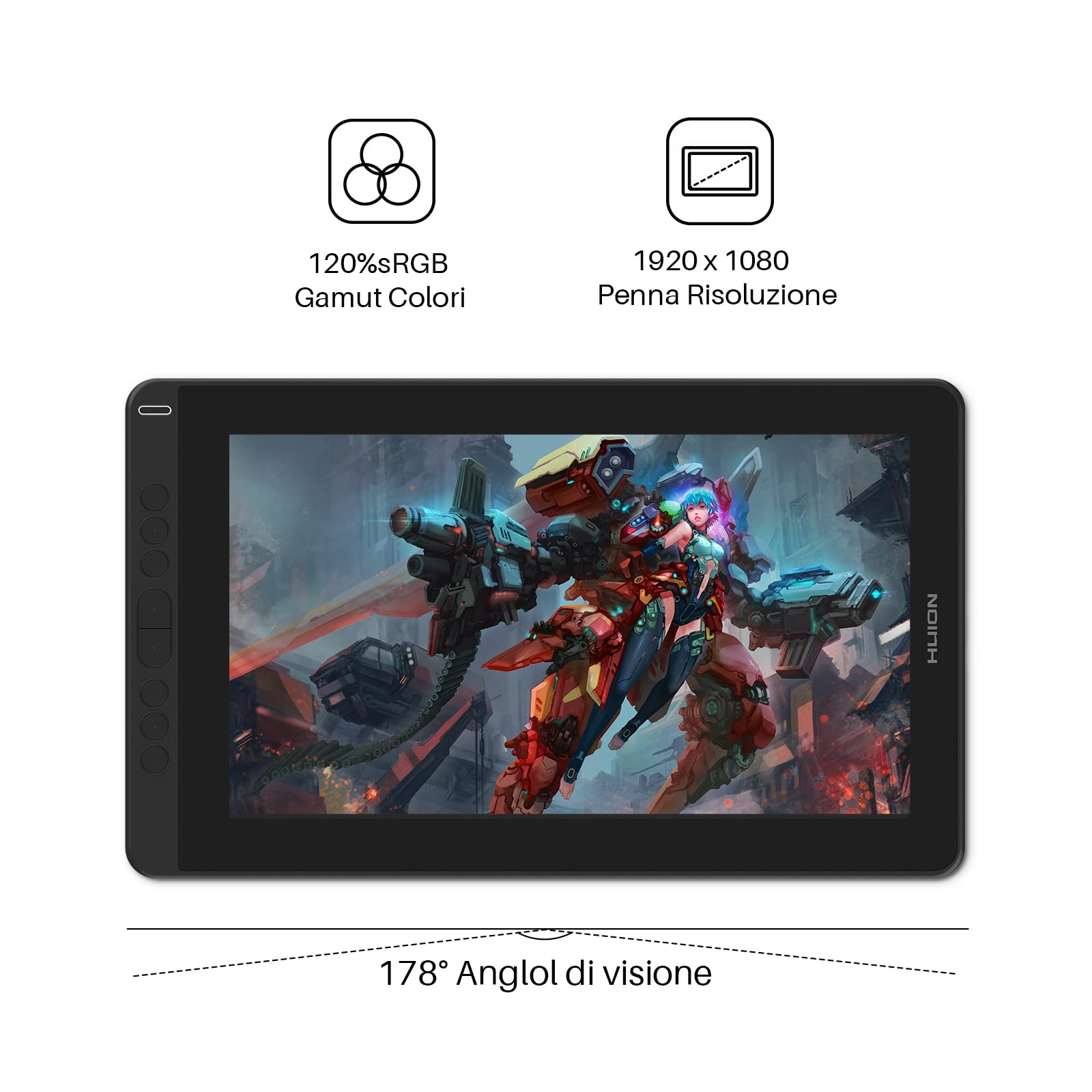 HUION Kamvas 13 Tavoletta Grafica con Schermo Compatibile con Android, Funzione di Inclinazione di ±60° Stilo Senza Batteria, 8 Tasti di Scelta Rapida, Supporto Regolabile - 13,3 Pollici (Nero)