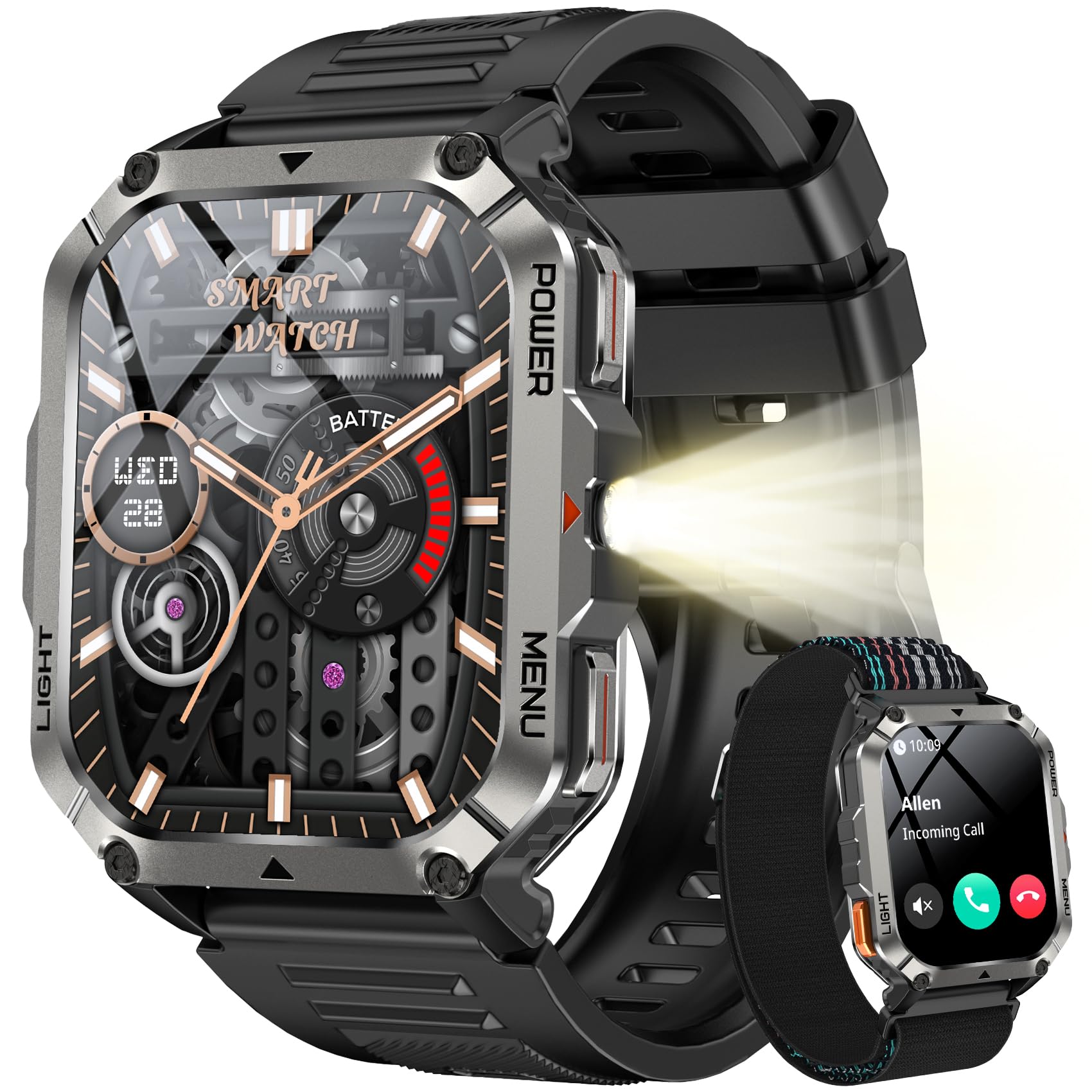 Blackview Smartwatch Uomo, Orologio Intelligente Fitness con Chiamate Bluetooth, 2.01" Militari Smart Watch Tracker 100+ Modalità Sportive/Cardiofrequenzimetro/SpO2/Torcia/Bussola per Android iOS