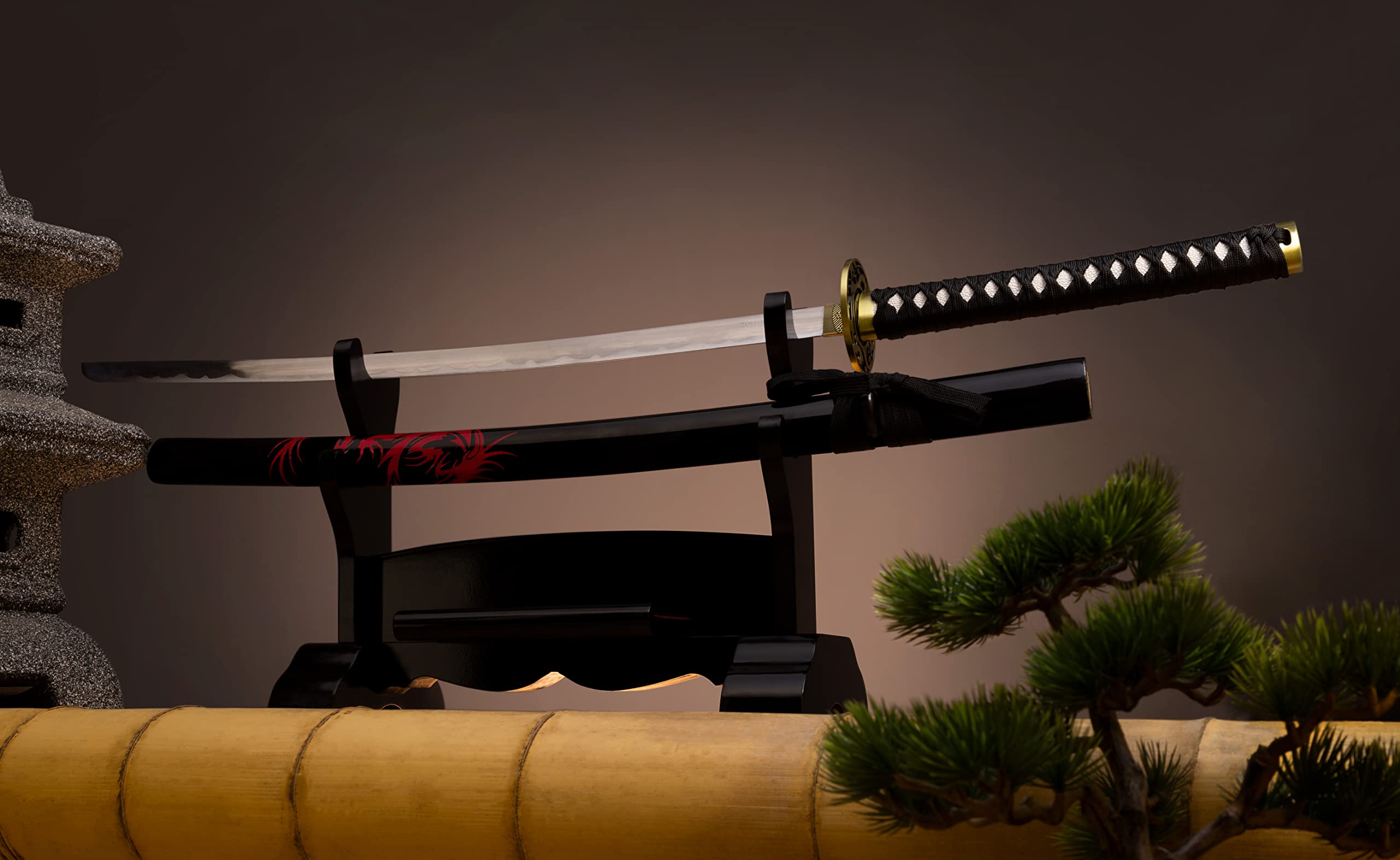 Katana Schwert Echt Matall - Samurai Schwert aus Stahl - Samurai Schwerter als Anime Deko - Japanisches Sword mit ständer - Ninja Schwerter Nicht scharf (4KM108-410)