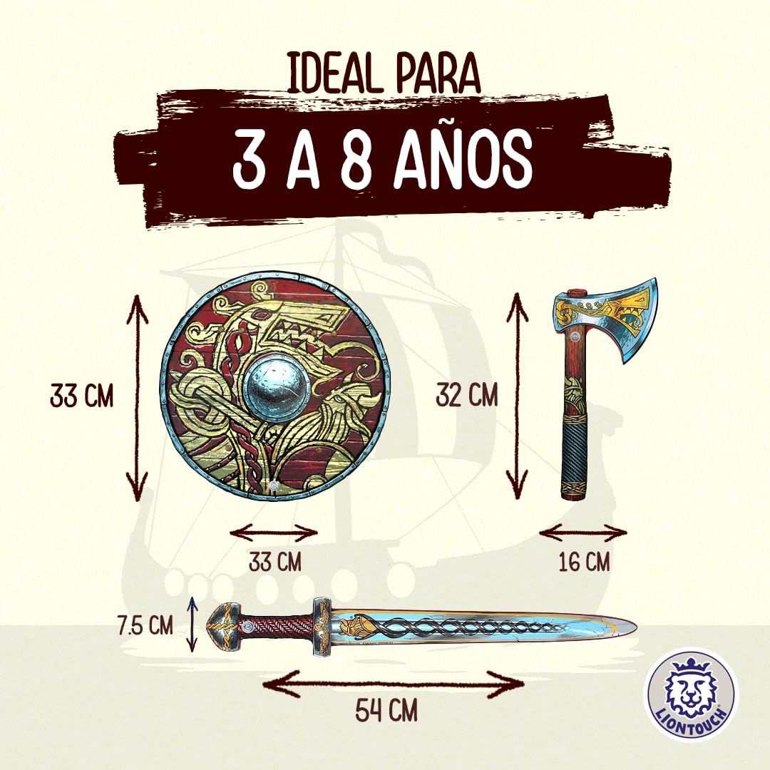 Liontouch - Espada, Escudo y Hacha Vikingos, Niños de 3-8 Años | Set de Juego Medieval del Jefe Harald en Espuma para Juego de rol Infantil de Estilo Nórdico | Armas para Disfraces y Trajes