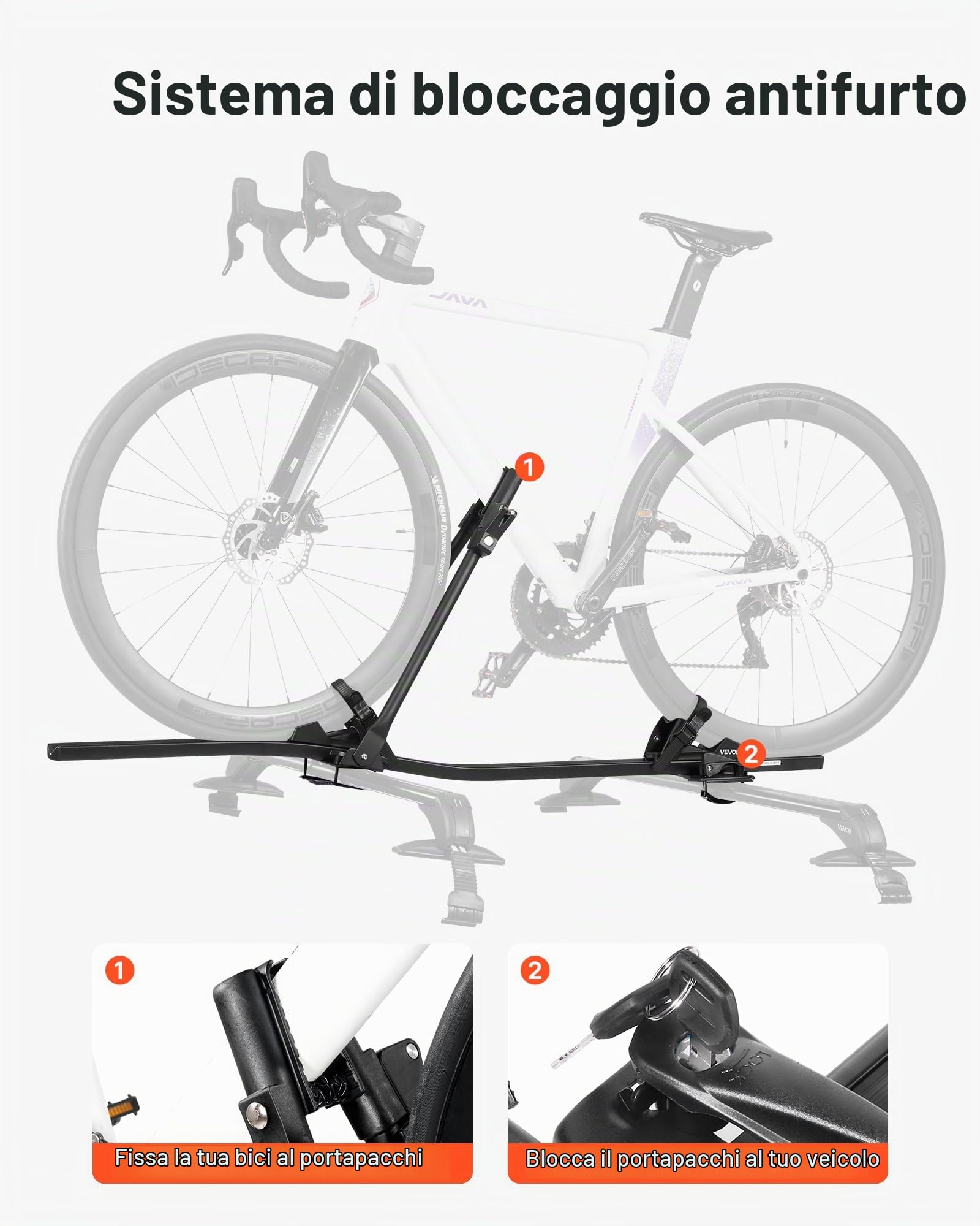VEVOR Supporto Portabiciclette da Tetto Auto Carico 15 kg, Portabici da Tetto Verticale con Sistema di Bloccaggio per Barre Trasversali Standard, Portabicicletta da Tetto Verticale in Alluminio