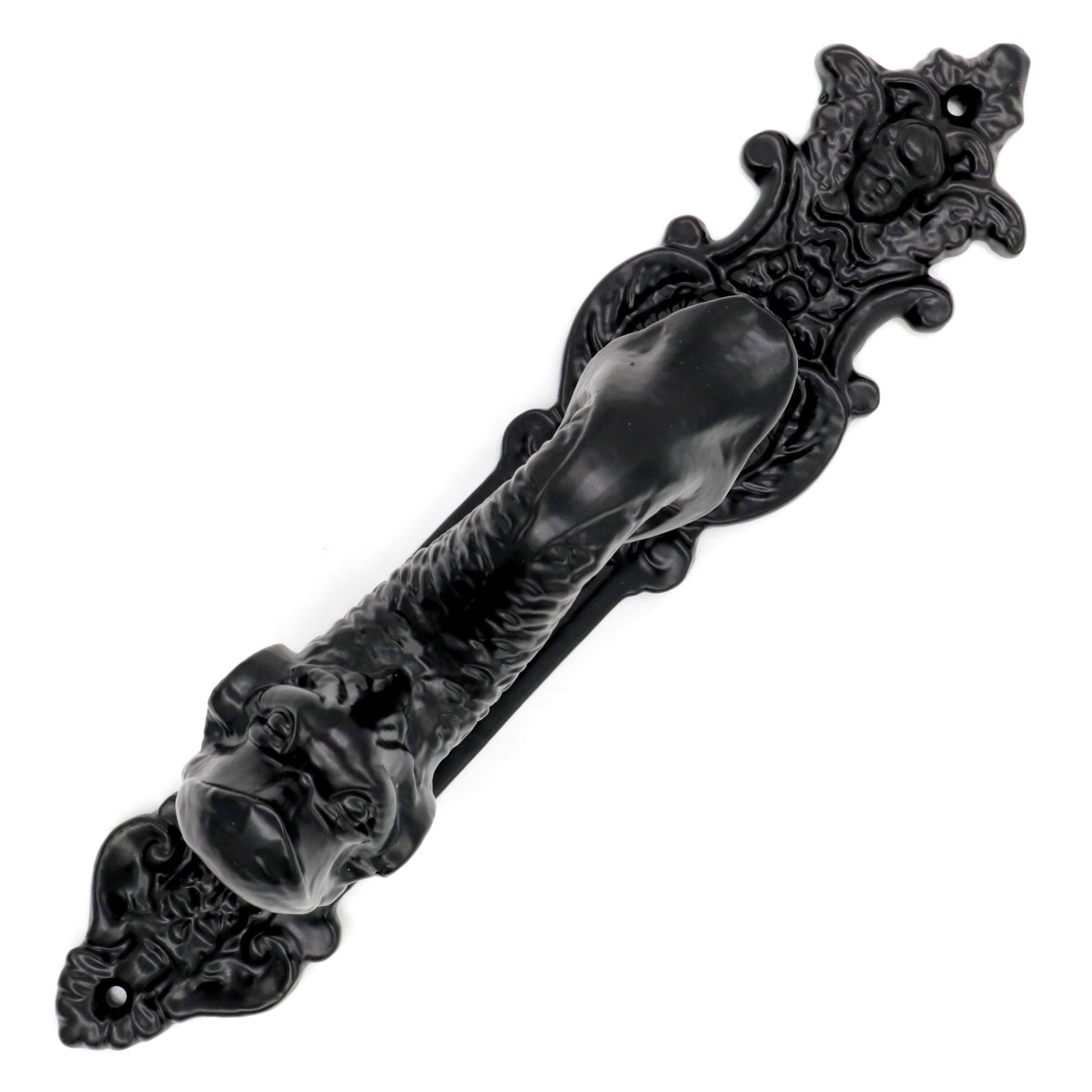 Mythrojan Türklopfer aus Gusseisen mit schwarz pulverbeschichtetem Vordertürklopfer, mittelalterliches Design, robuste rustikale Hardware für Schloss, Hütte, Hauseingang, Schwarz, 25,4 x 5,1 cm