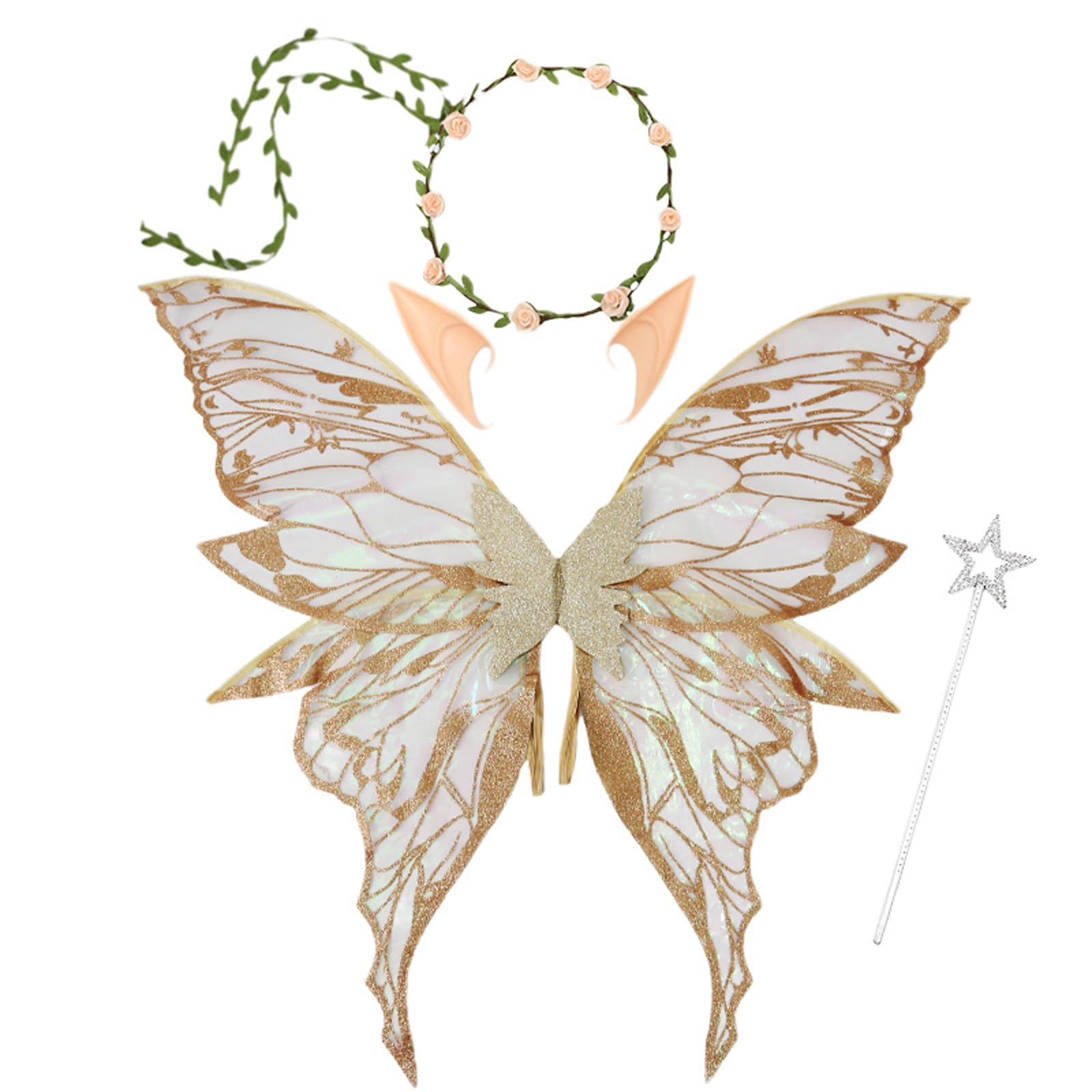 ESSECMBS 4pcs Halloween Fairy Wings Set for Girls Women Butterfly Wings Elf Ears Magic Wand Flower Headband for Cosplay (Gold, 80cmx75cm)