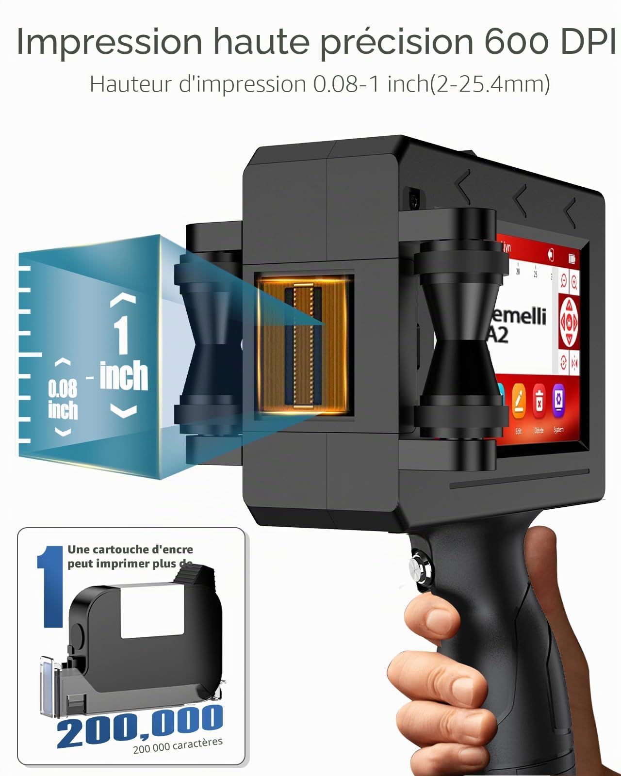 Imprimante à Jet d'encre Portable et Manuelle A2 avec Cartouches d'encre de 42 ML, Capable D'imprimer Codes-Barres, Codes QR, Logos, Dates et Numéros Lot (Hauteur d'impression : 2 à 25,4 mm)
