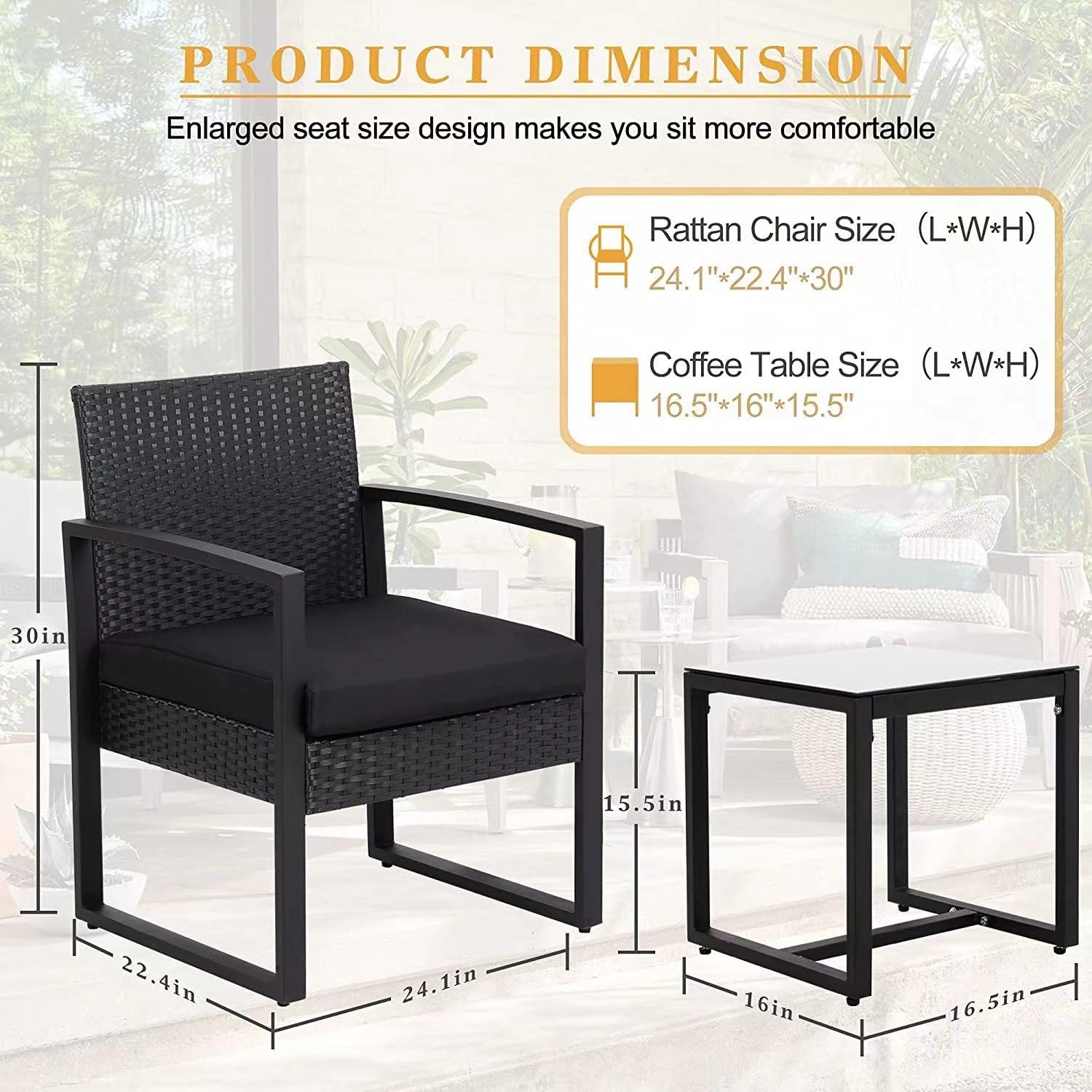 Set di 3 sedie in rattan, tavolino da caffè, mobili da giardino, set da bistrot in rattan con tavolino da caffè, per interni ed esterni, patio, giardino, cortile