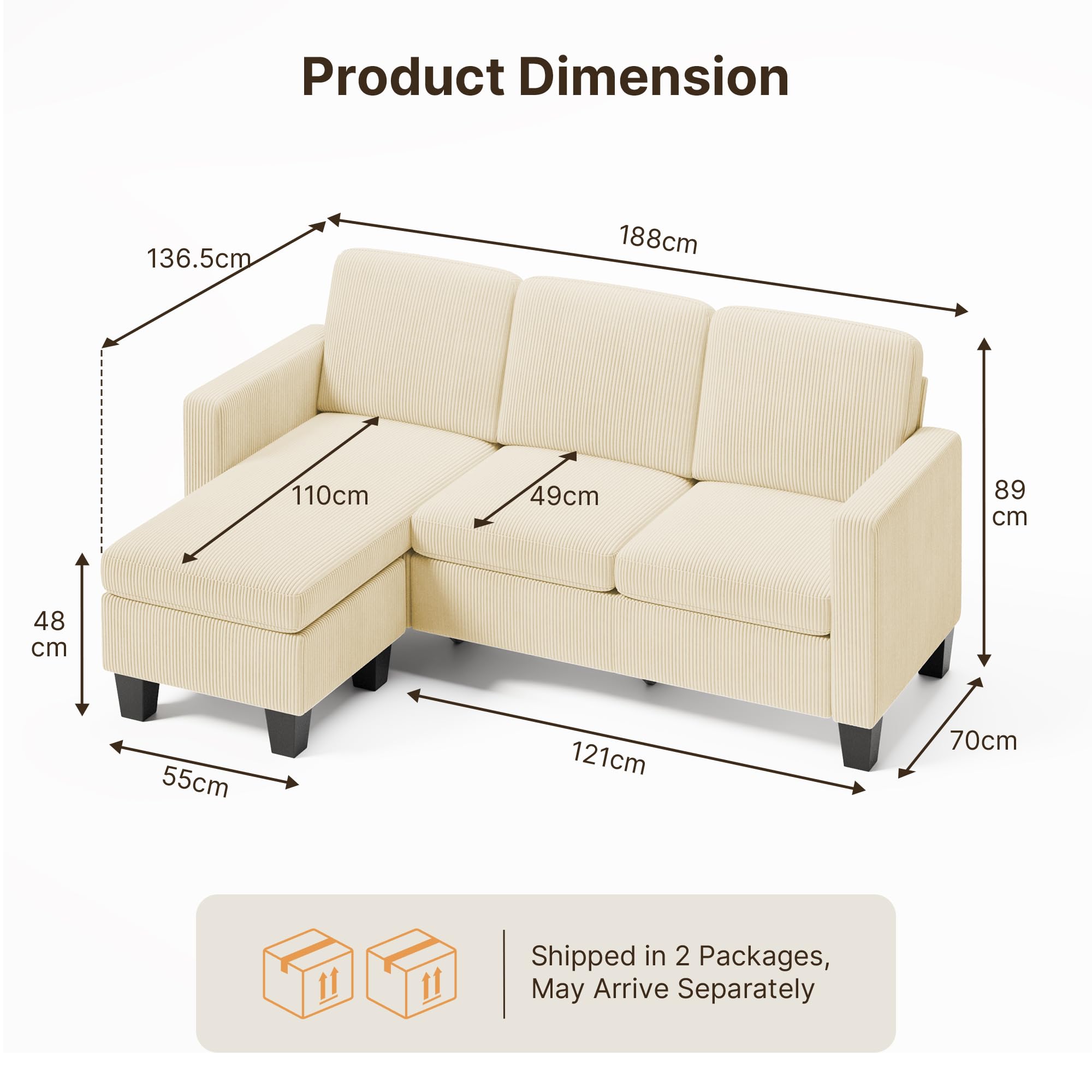 Xbro Divano angolare 3 posti a L con chaise longue fissa, imbottitura in spugna ad alta resilienza, tessuto in cotone e lino traspirante per soggiorno moderno, Giallo beige