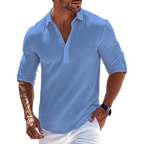 Mens Linen Polo Shirts Long Roll-Up Sleeve Casual Summer Beach Vacation Hippie T-Shirts
