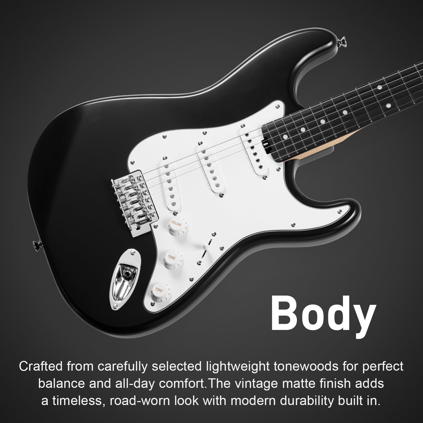 SONICAKE Chitarra Elettrica 39" Full-Size con Pickup Classici SSS, Corpo Leggero, Ponte Tremolo, Tasti Arrotondati e Truss Rod Regolabile QGT-10 (Nero)