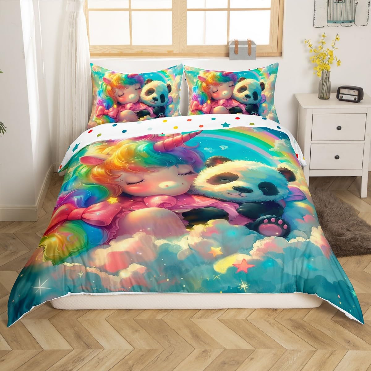 Castle Fairy Unicorn Panda Decorations,Cartoon Animals Rainbow Cloud Duvet Cover for All Season,Cute Girly Princess Bedroom Decor Comforter Cover (No Filler) Full Size,3PCS