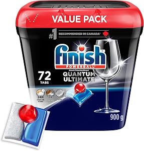 Finish Quantum Ultimate Dishwasher Detergent Pods, 72 Tabs | 3-Chamber Formula, Powerball Action, No Pre-Rinse, 2X Grease Fighting*, Scrubs 24H Dried-On Stains, Virtually Spotless Shine