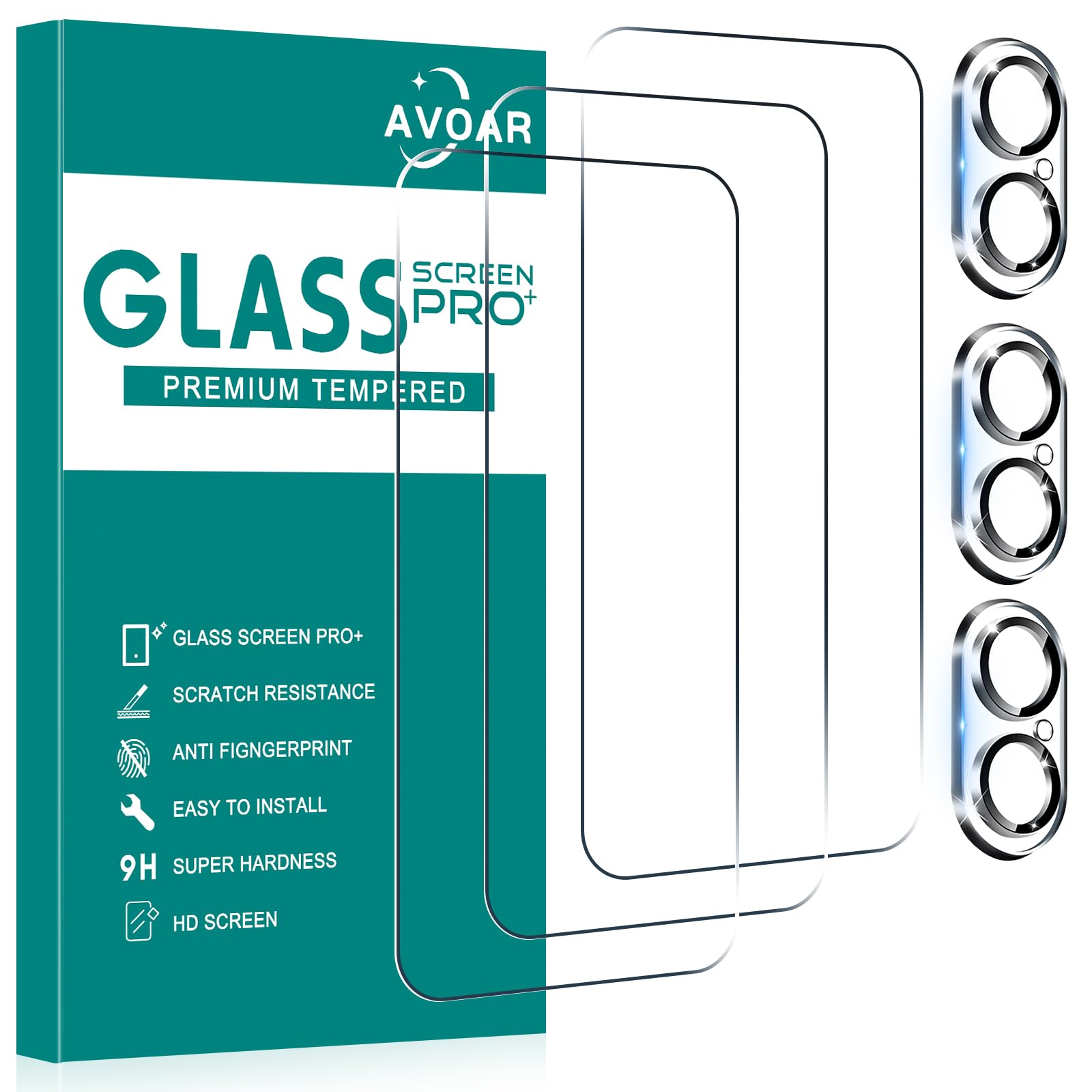 AVOAR [3+3 Pack Glass Screen Protector for iPhone 16 Plus with Camera Lens Protector, 6.7 Inch HD Clear Tempered Glass Film for iPhone Plus, Anti-Scratch, Bubble Free, Case-friendly