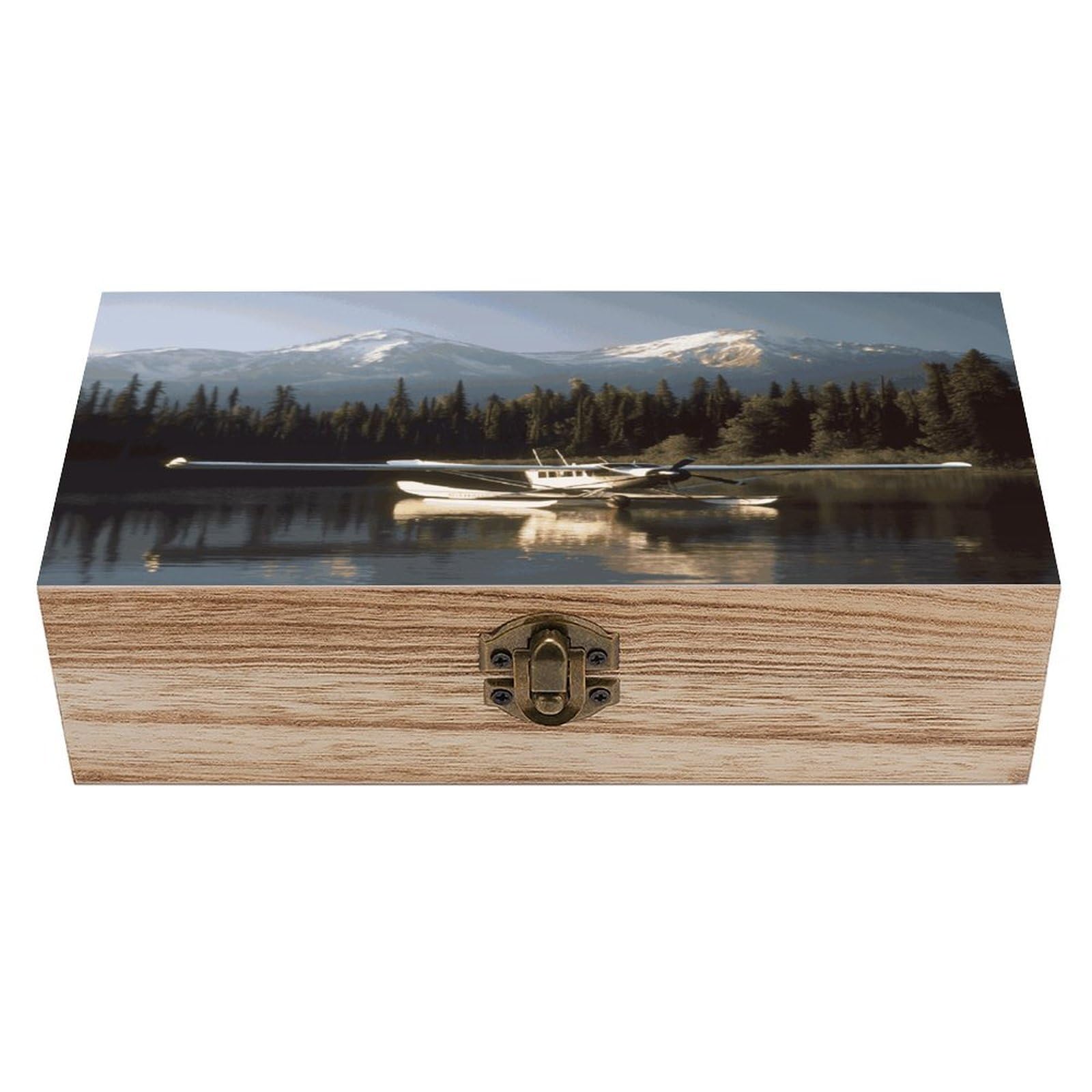 VstaDank Airplane on Lake Wooden Storage Box Wooden Keepsake Box with A Hinged Lid Fashion Memory Treasure Boxes Decorative Jewelry Case for Crafts Photo Home Decor Wood Gift Box