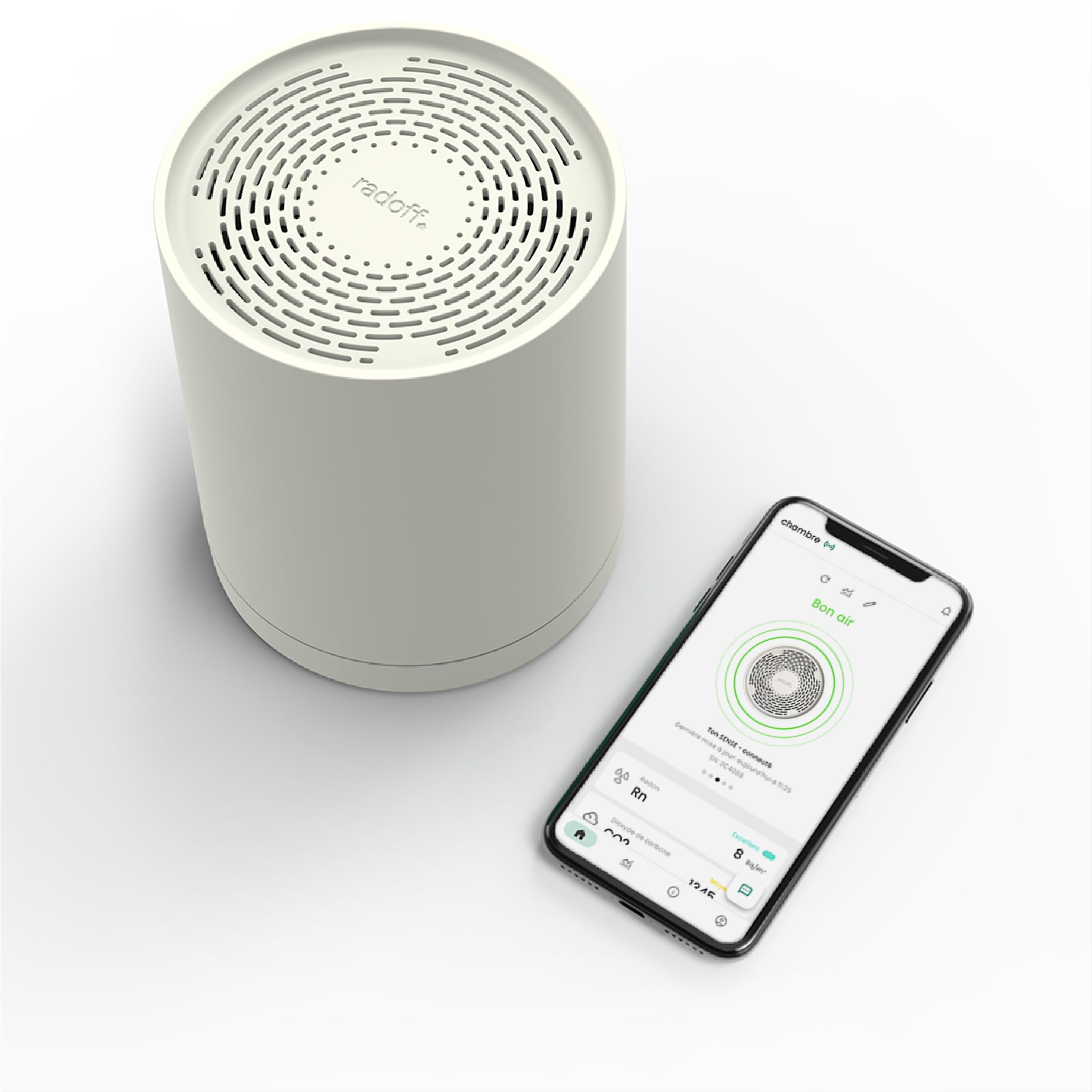 Radoff Sense- Appareils Mesurant Qualité Air Intérieur avec Capteur Radon, Humidité et Pression Air, Détecteur CO2 COV PM Compatible avec Alexa, Intégration Complète à Venir, Thermomètre Connecté WiFi