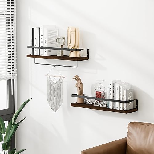 Miniatura 7 de Estantes de baño con toallero, estantes flotantes para baño, cocina, dormitorio, madera de Paulownia, marco de metal negro mate, juego de 2 (marrón