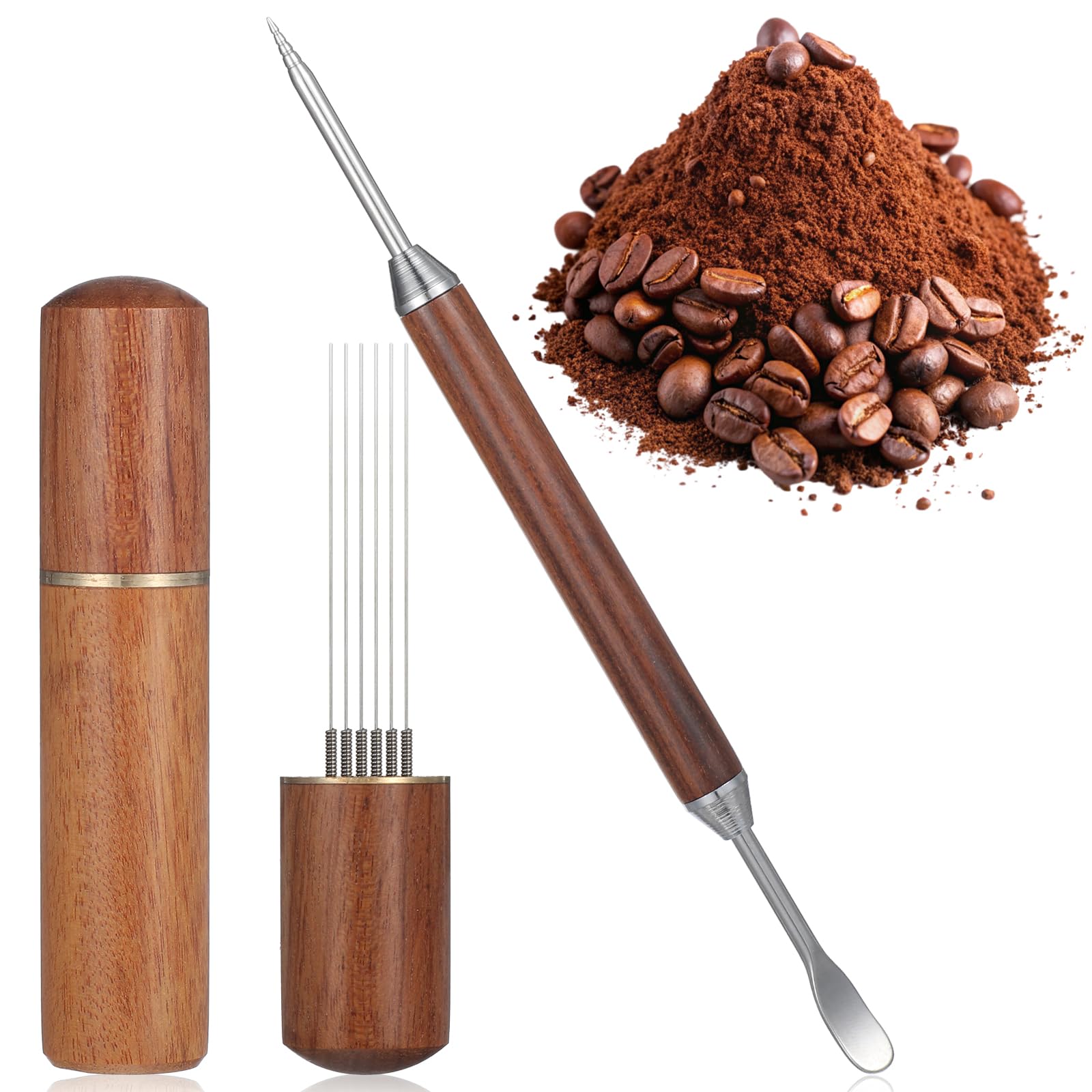 Sibba Espresso Café Agitador 6 Agujas, Herramienta de Distribución de Espresso WDT Herramienta de Distribución con Mango de Madera Natural y Base, Mezclador de Café Acero Inoxidable Latte Art Pen