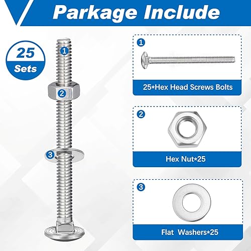 Miniatura 144 de Zonon Juego de 50 tornillos y tuercas de acero inoxidable de 1/4-20 x 3 pulgadas, cabeza redonda, cuello cuadrado, tornillos y tuercas hexagonales
