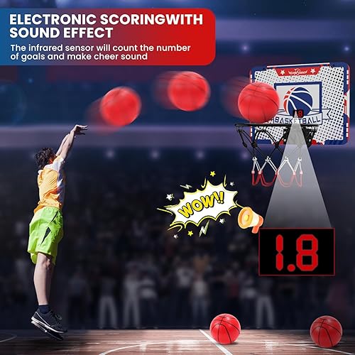Miniatura 2 de EagleStone Aro de baloncesto para interiores para niños, 4 bolas de juguete de baloncesto para niños pequeños, con marcador electrónico sobre la
