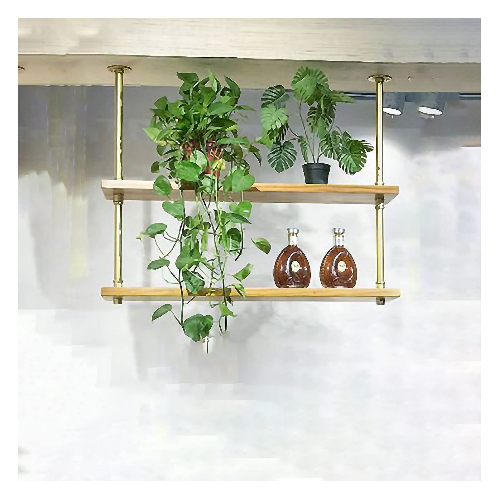 FENOKD Hanging Wine Glass Rack Ceiling Mount Shelf 2 Tier Hanging Wine Rack,Vintage Display Wine Storage Holder,for Under Cabinet,Kitchen,Bar,Easy to Install,Gold,Gold-120 x 25 x 80cm