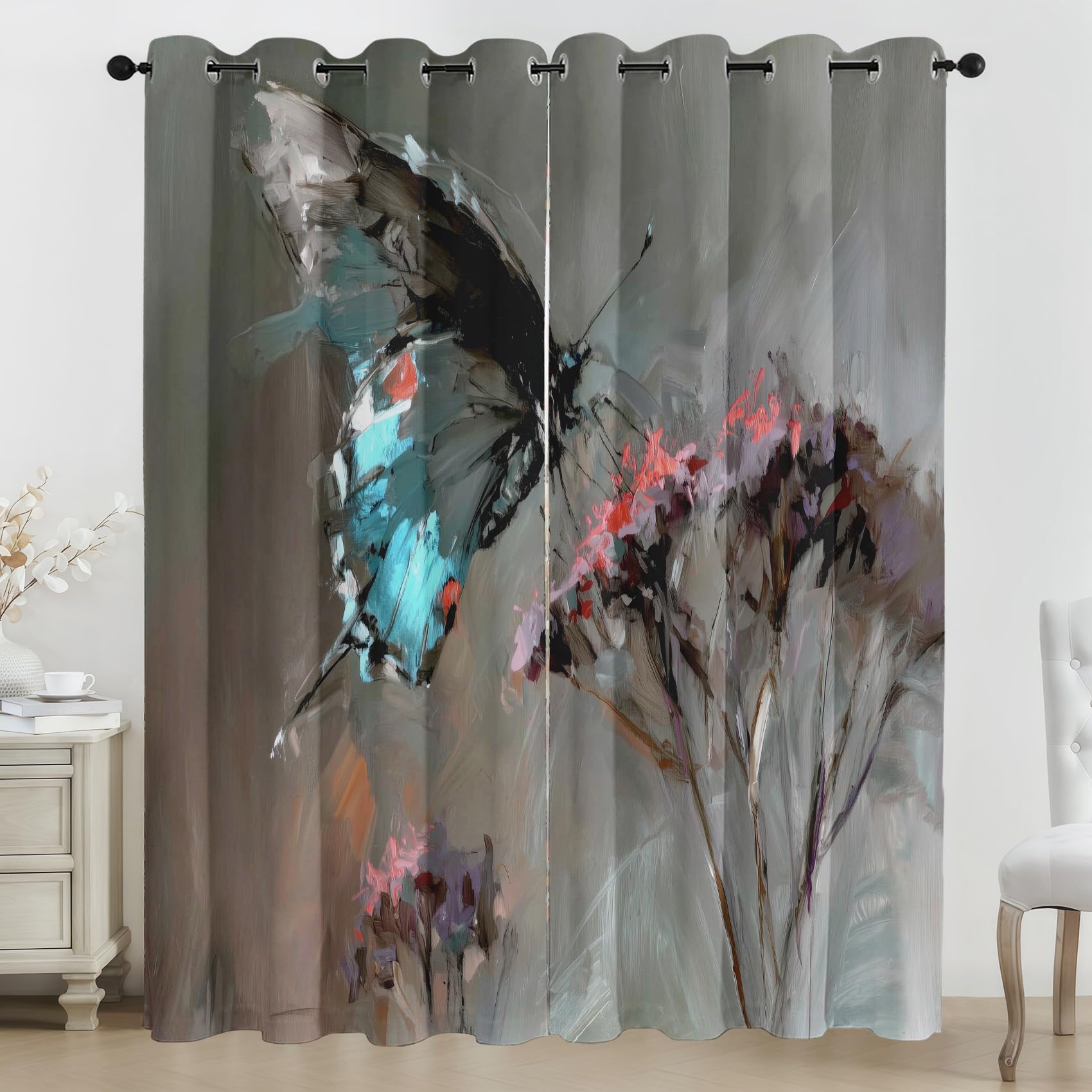 Butterfly Flower Eyelet Curtains, 3D Oil Painting Print Blackout Curtains, 2 Panels Room Darkening Thermal Insulated Window Drapes for Living Room Bedroom, 90 x 108 Inch G21z