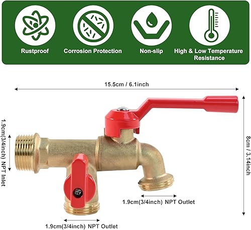 Miniatura 2 de Grifo de agua de doble grifo para exteriores, divisor de manguera de jardín de 2 vías, grifo de agua de latón montado en la pared de 34 pulgadas,