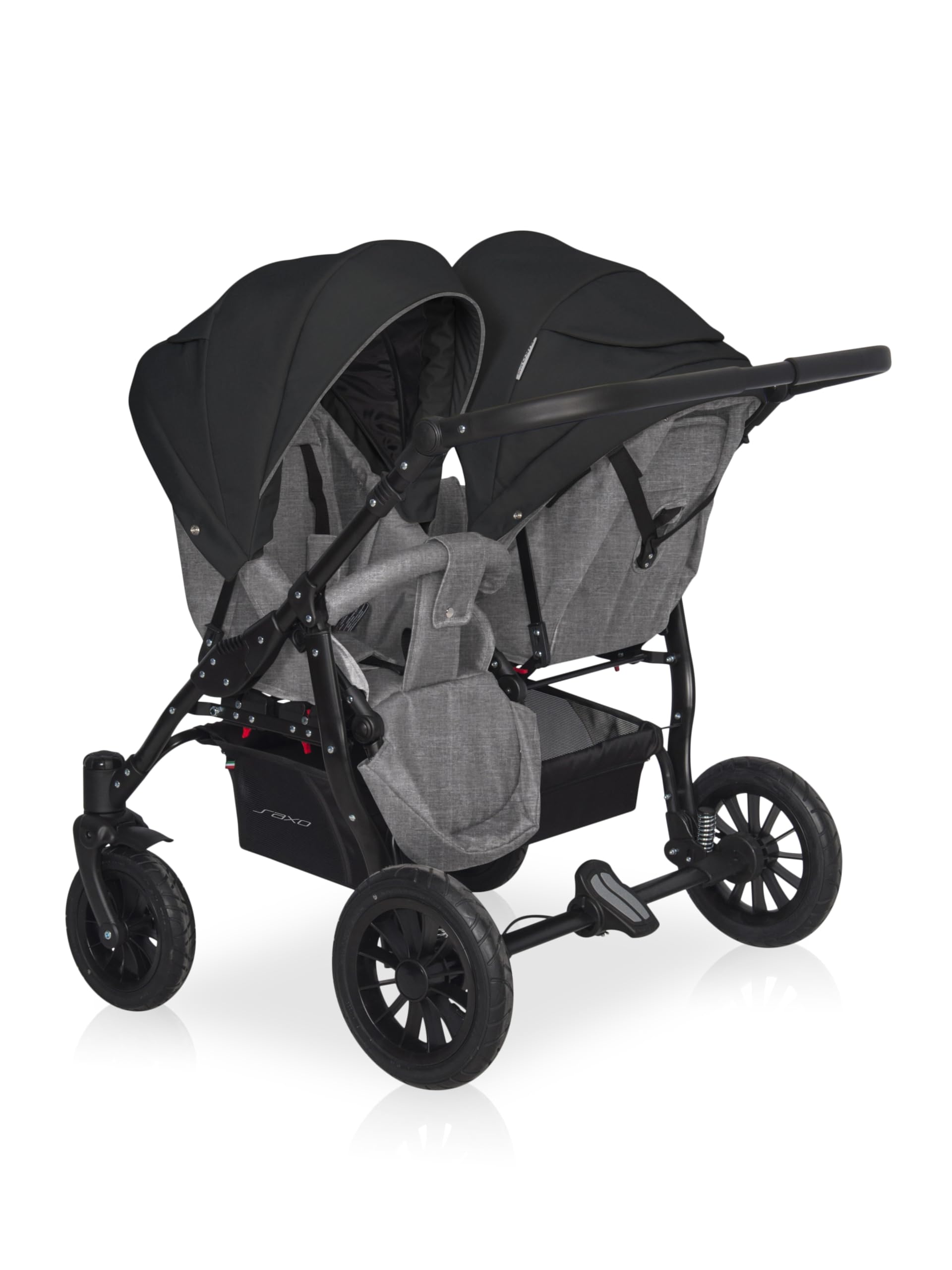 Riko Basic kinderwagen 2 in 1 SAXO für Zwillinge – 2 baby Gondeln – kinderwagen für 2 kinder – Ventilatoren und Verdeck – geräumiger Korb und Tasche – Zentralbremse – Onyx