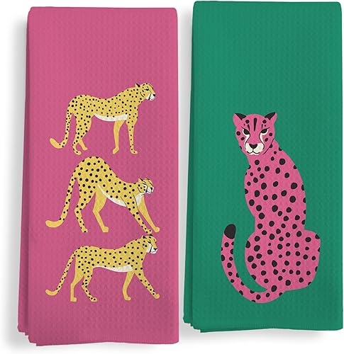 Juego de 2 toallas de cocina de guepardo rosa y verde, paños de cocina con diseño de leopardo, toallas de mano decorativas de leopardo retro de moda