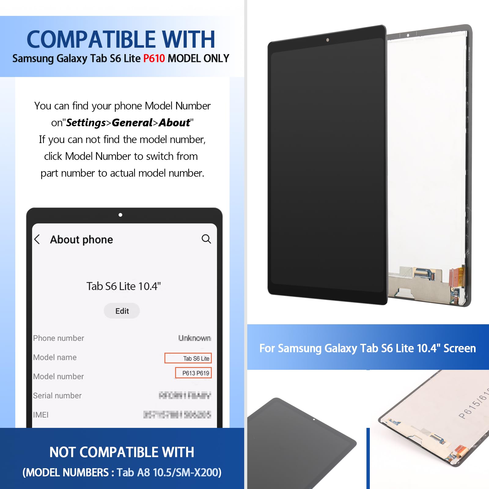 Ecran pour Samsung Galaxy Tab S6 Lite 10.4" P613 P619 2022 Complet Écran Remplacement Tactile Digitizer Assembly pour Samsung Tab S6 Lite 10.4" P610 P615 2020 LCD avec Kit De Réparation（Noir