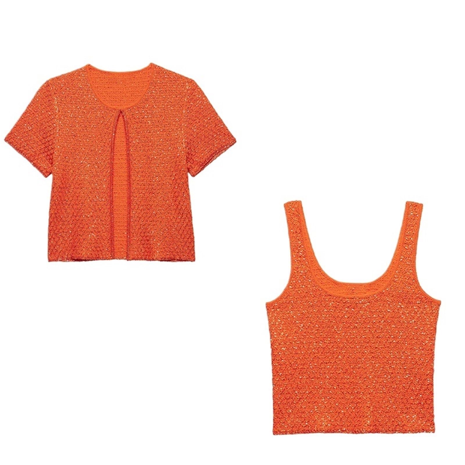 Gilet Sans Manche Femme Cardigan en tricot à paillettes for femme, col rond, manches courtes, boutons, sans, avec bretelles(Orange sets,S)