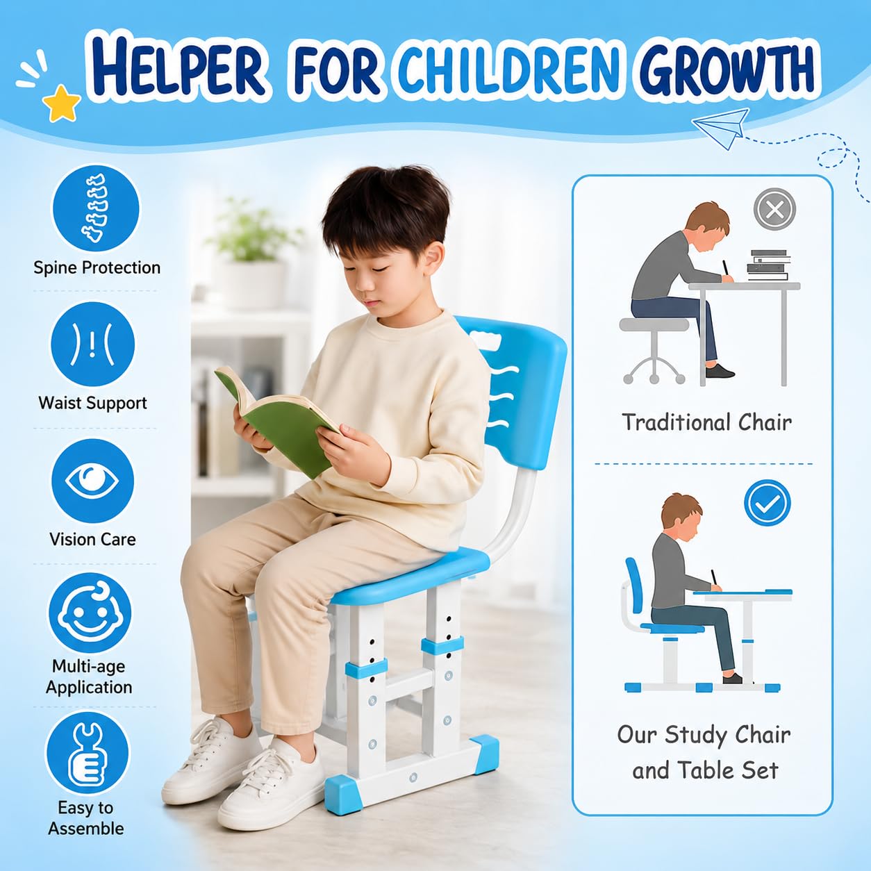 NUCARTURE Kids Study Table with Chair Height Adjustable Computer Table and Chair for Toddlers Children Desk with Storage Cabinet Kindergarten Writing Table (Blue, Study Table) 4