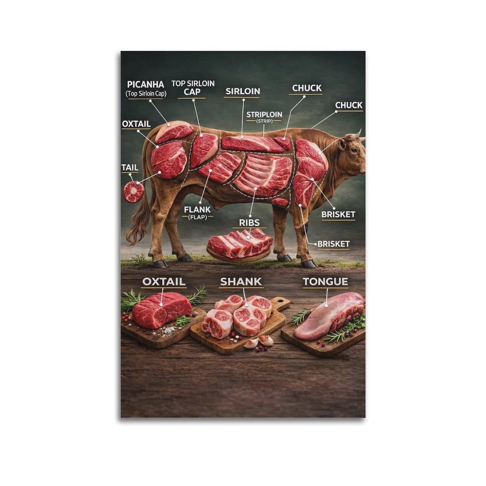 OKAHYS Different Cuts of Beef Artwork Poster Decorative Painting Canvas Wall Artworks Picture 24x36inch(60x90cm)