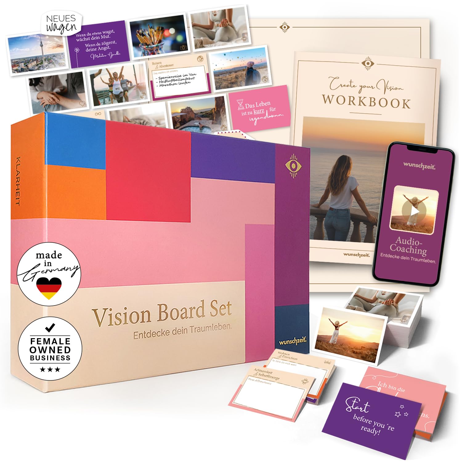 wunschzeit® Premium Vision Board Set | All-in-One Kit mit 162 Karten, 32-Seiten Workbook & XL-Poster | Klarheit, Träume manifestieren & Ziele erreichen | Inspirierendes Geschenk für Frauen